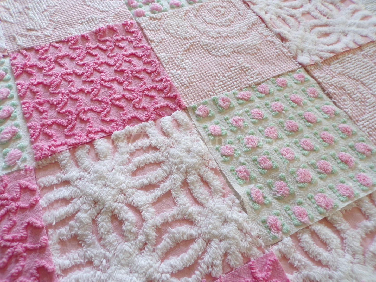 Must Love Pink Chenille Quilt Squares Set from Vintage Bedspread Fabric, 16 Blocks, 6" inch