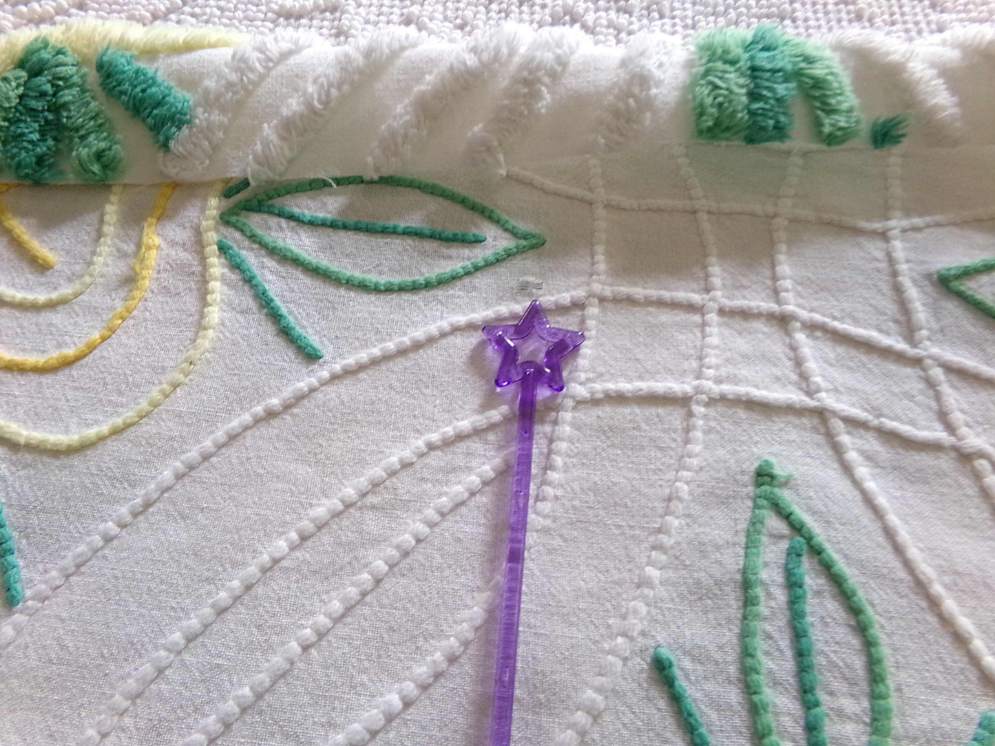 Shabby Chic Chenille Fabric, Yellow Cabbage Roses on White Cotton, 30" x 17" inch Piece, Pretty in Pillows & Quilts