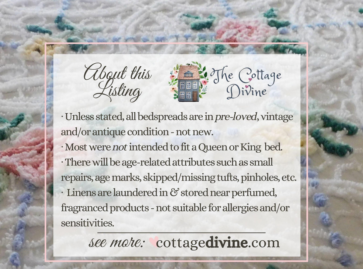 Shabby Seaside Cottage Style 1950s White Vintage Chenille Bedspread, Full Size, Fringe