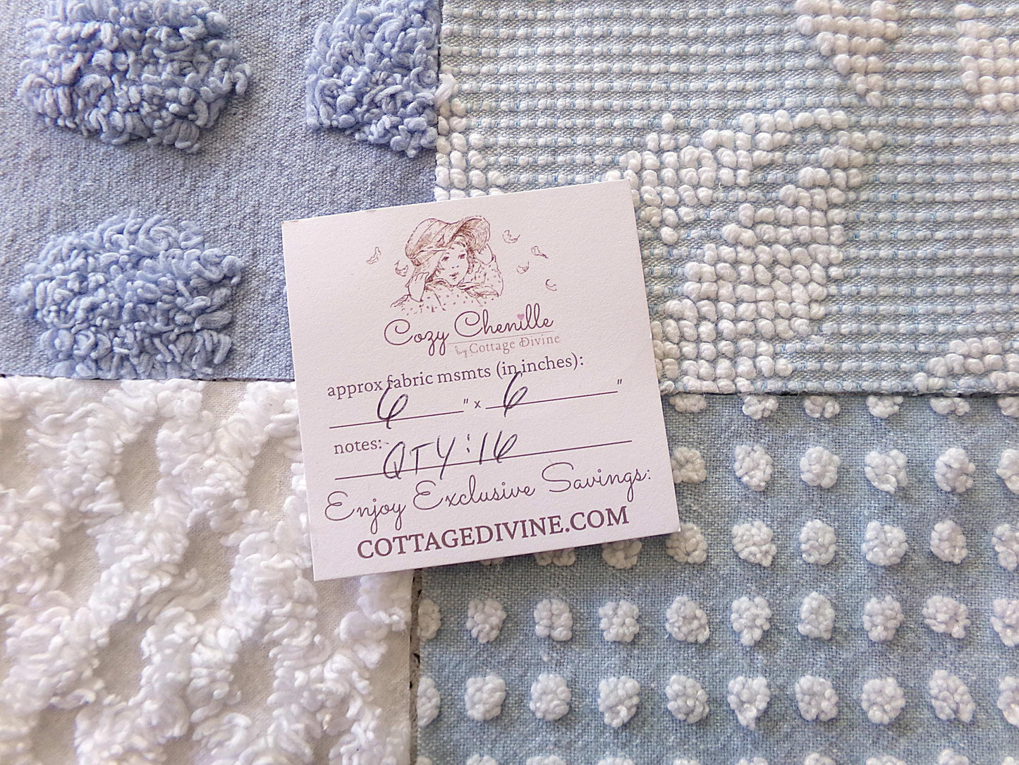 Cool Blues Chenille Fabric Squares for Quilting & Crafts in Vintage Blue, White - 16 Rotary Cut Blocks, 6" x 6" inch