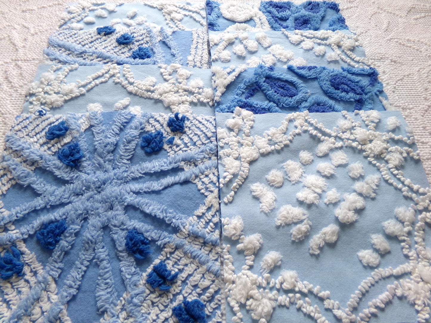 starry mystic chenille fabric squares, set of 8 vintage 7.5" quilt blocks, twilight blue & white, for sewing, crafts, quilting