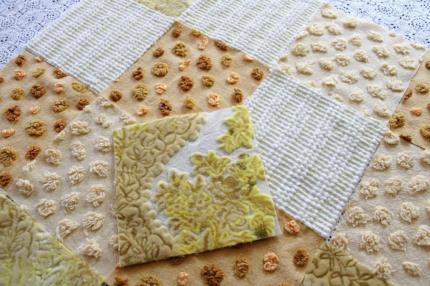Chenille & Velvet Quilt Squares Set, "Sun Goddess", from Vintage Bedspread Fabric, 16 Blocks, 6" x 6" inches each, Earthtones