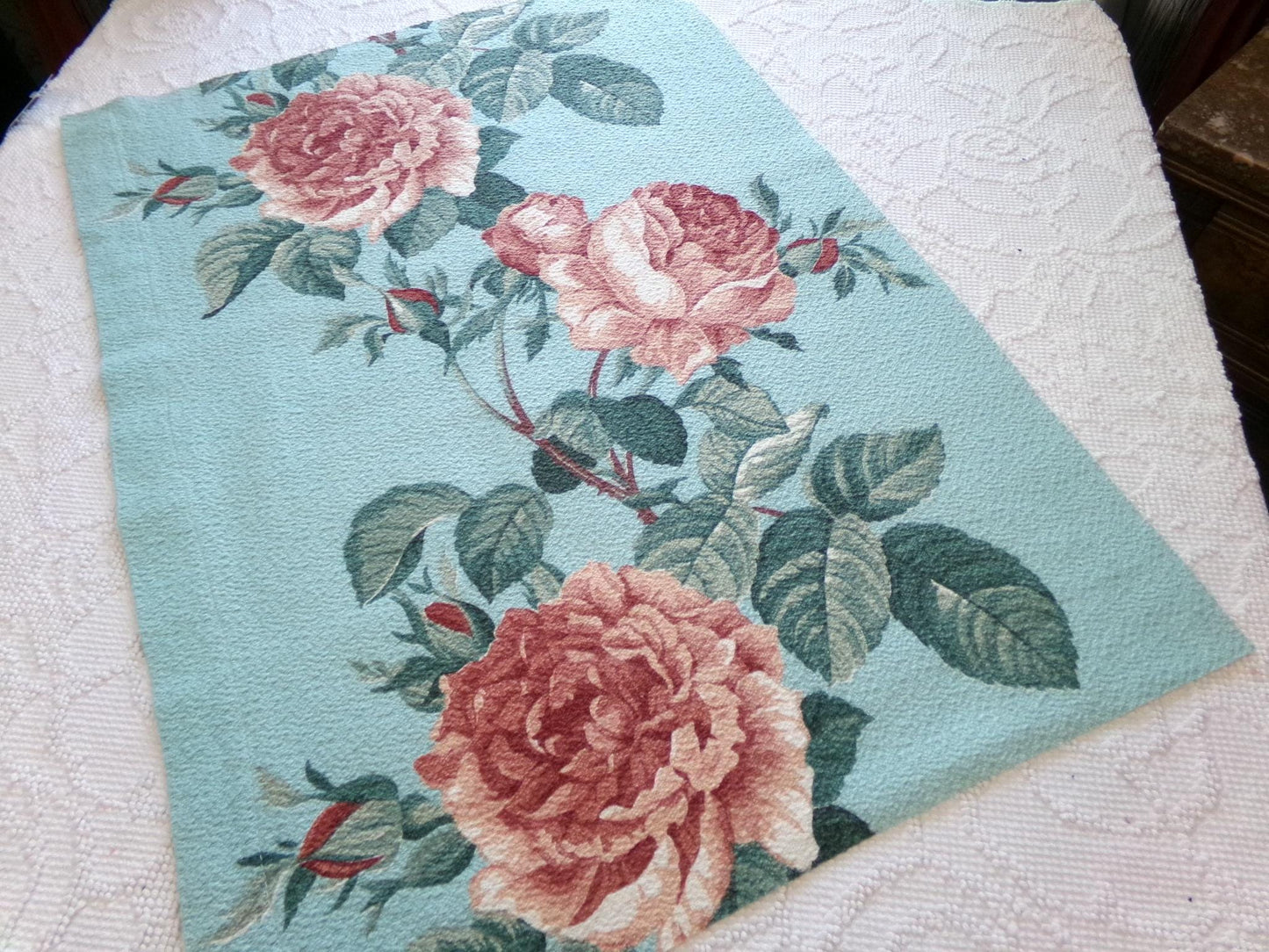 stunning vintage barkcloth fabric in life like rose bloom print, 18" x 26" inch piece from a deconstructed curtain panel