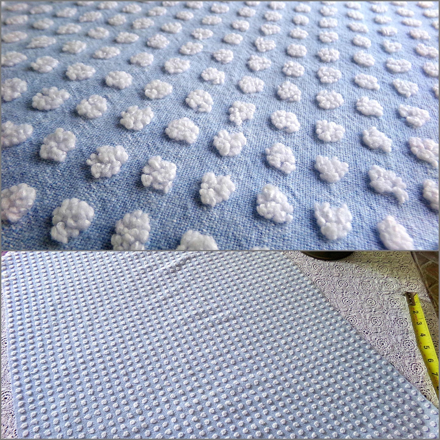 Bubble Dots Vintage Chenille Material, 24" x 18" inch Fabric Piece, Little White Pops on Sky Blue, Beachy Coastal Vibes
