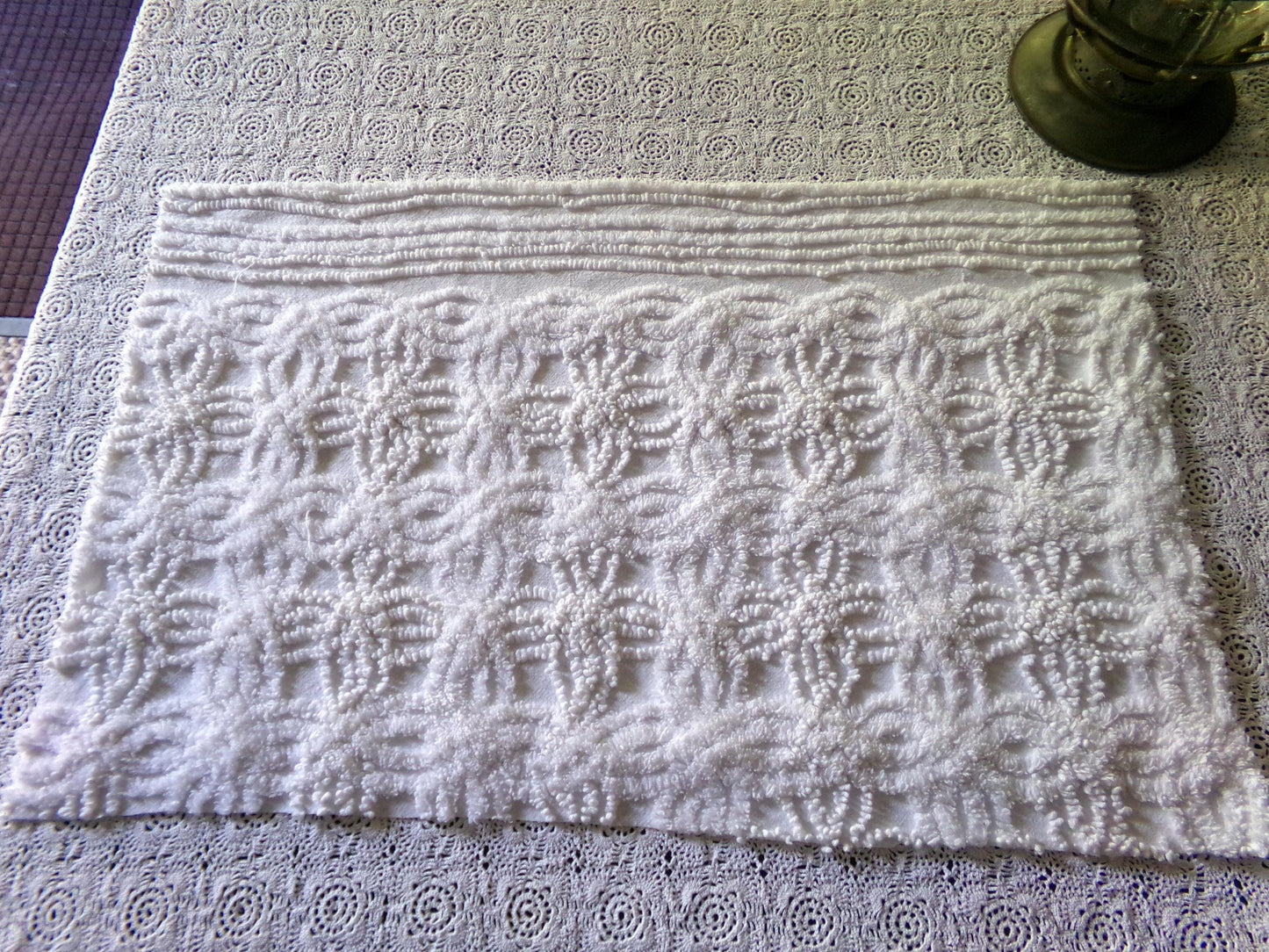 Vintage Chenille Fabric Material, 14.5" x 23" inch Piece, Elaborate Needletufting in Wedding Ring Pattern