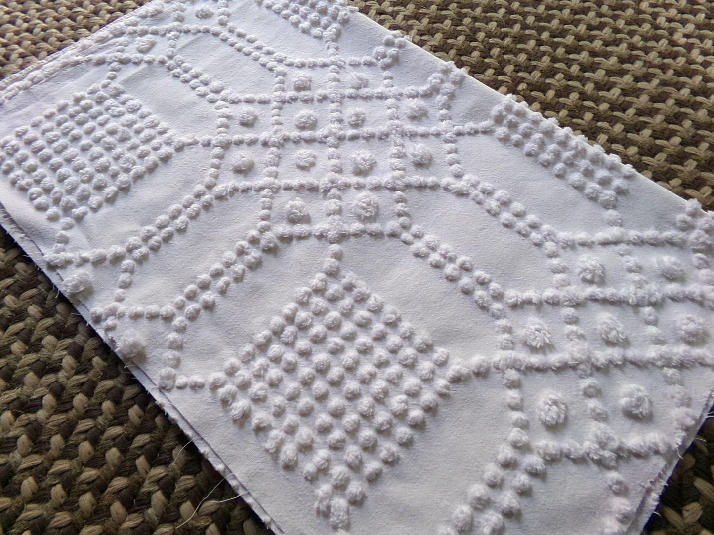celestial white vintage chenille fabric, vintage geometric piece of cotton sewing material for quilts, pillows, wall hangings, 23" x 28"