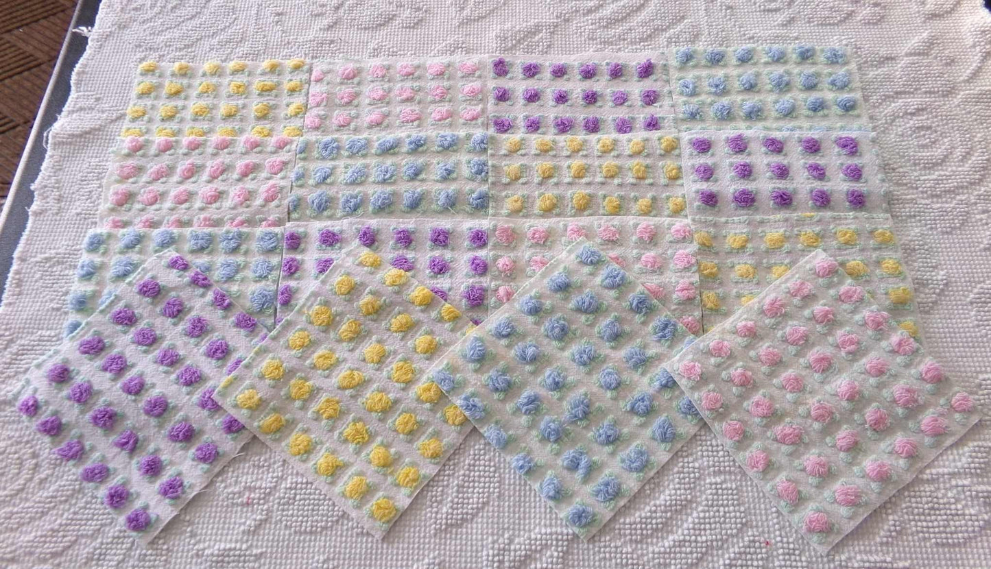 Premium Rosebuds Medley of chenille fabric squares, quilt square set cut from Vintage Chenille Bedspread Fabrics, 16 Blocks, 6" x 6" inch