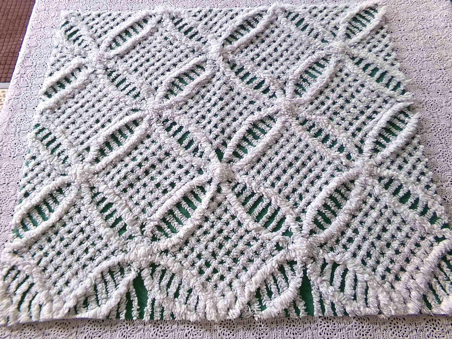 Rich Green Vintage Chenille Fabric, 20" x 24" inch Piece, Plush White Wedding Ring Geometric Design
