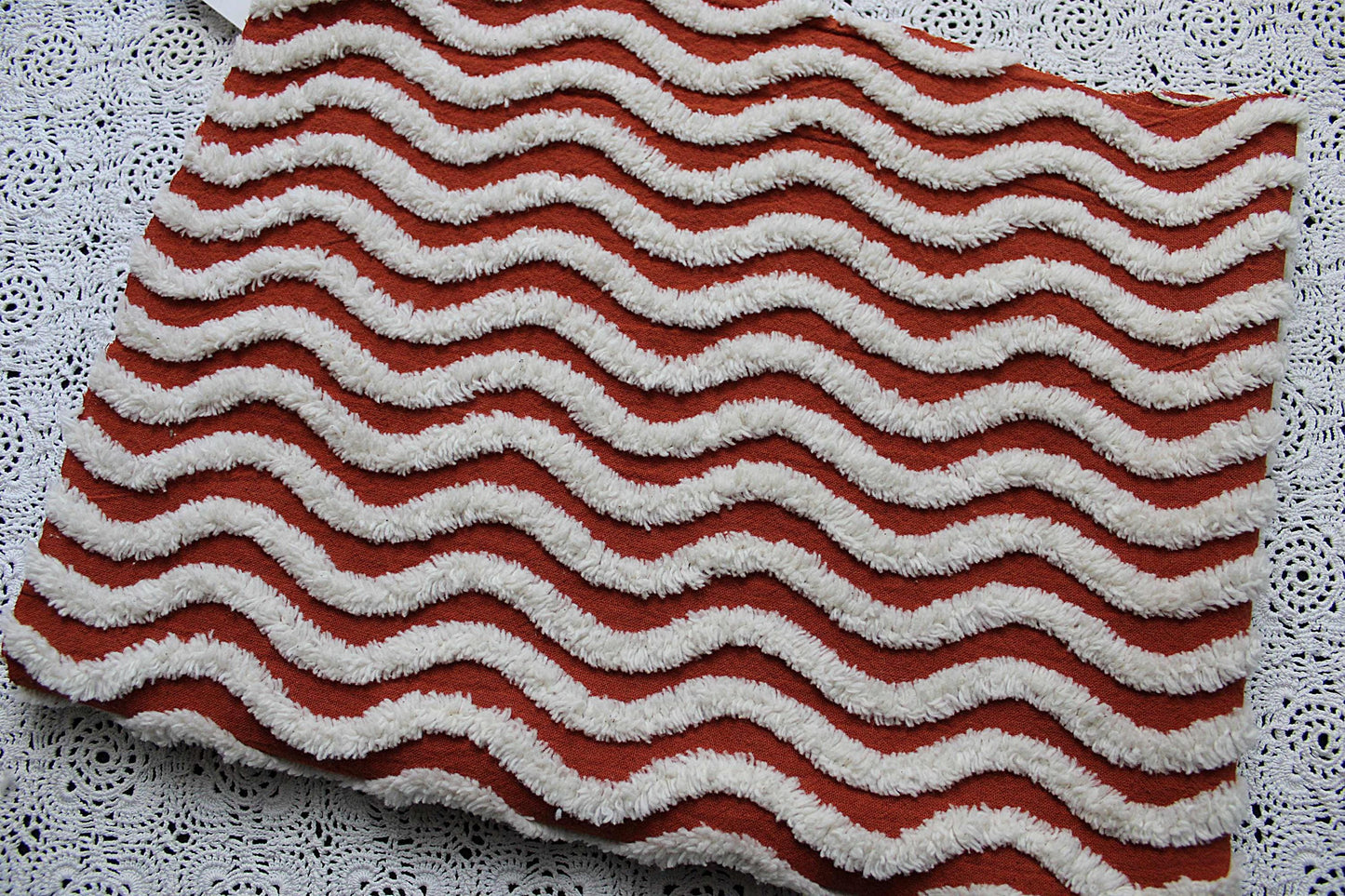 Rich Rust & White Ripple Stripes Vintage Chenille Fabric, 18" x 24" inch Piece, Great for Boho Quilts, DIY Pillows, Junk Journals