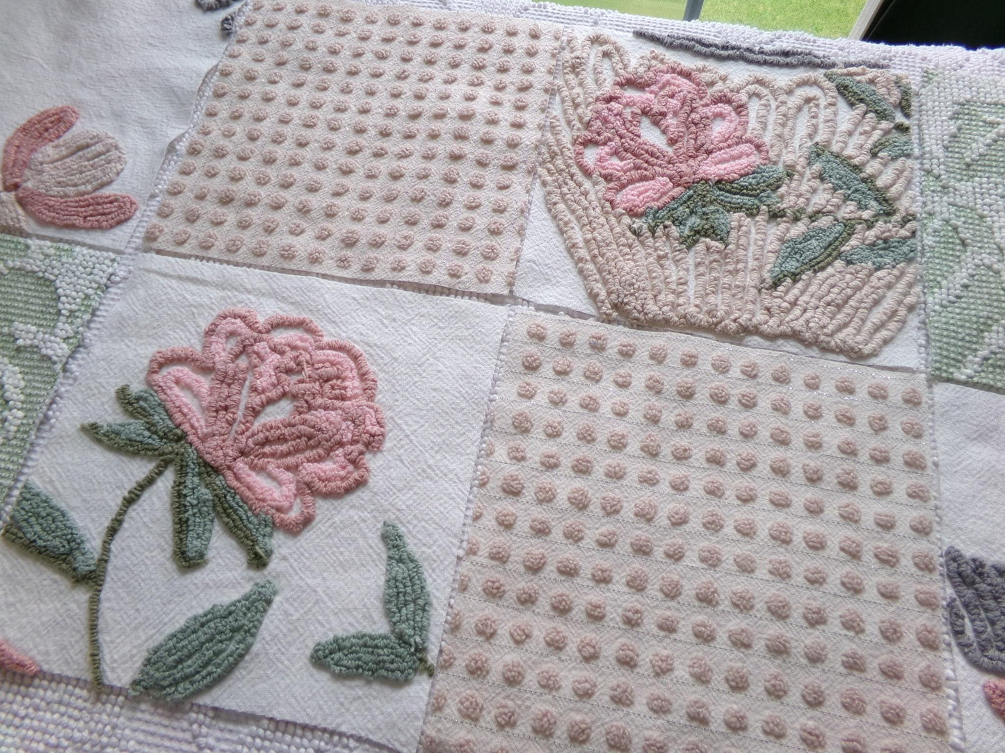 rose garden chenille fabric squares, set of 8 vintage 7.5" quilt blocks, neutrals & chic florals, for sewing, crafts, quilting