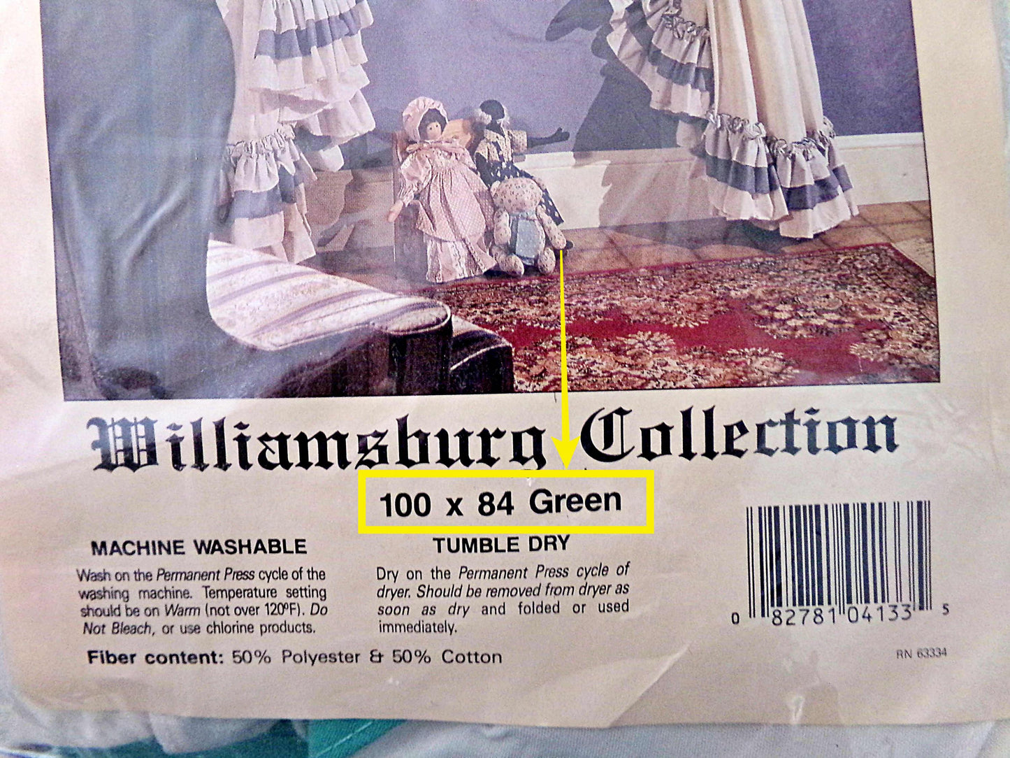 Farmhouse Style Priscilla Curtain Panels Pair, Cream & GREEN Trim, Bow Tiebacks, NOS Vintage Window Curtains, 84" L, Williamsburg Collection