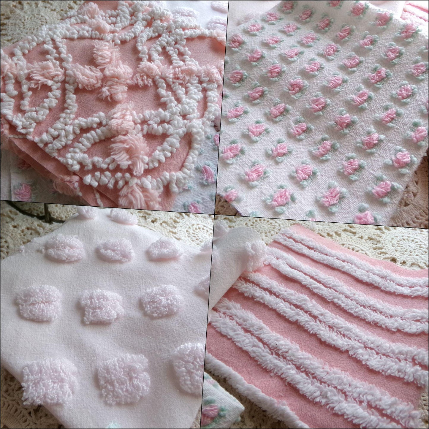 tickle me pink chenille fabric squares, set of 4 vintage large quilt blocks 12" inches ea, rosebud, pops, stripes, infinity tuft