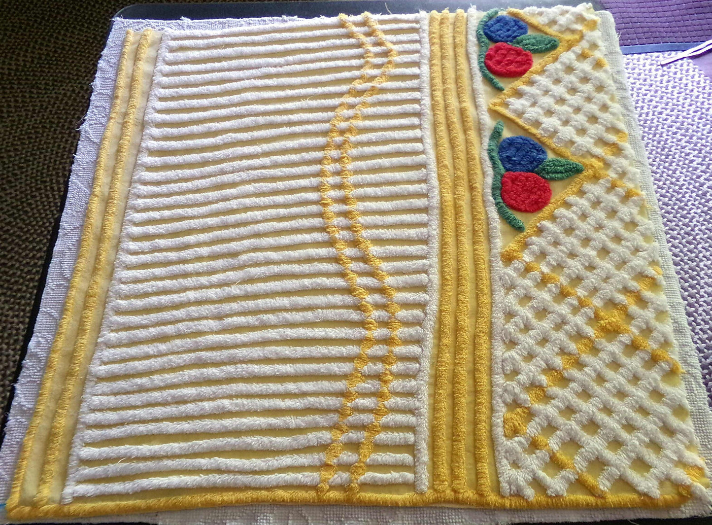 Happy Vintage Chenille Fabric, Red & Blue Rosettes on Yellow Geometric, 29" x 30" inch piece