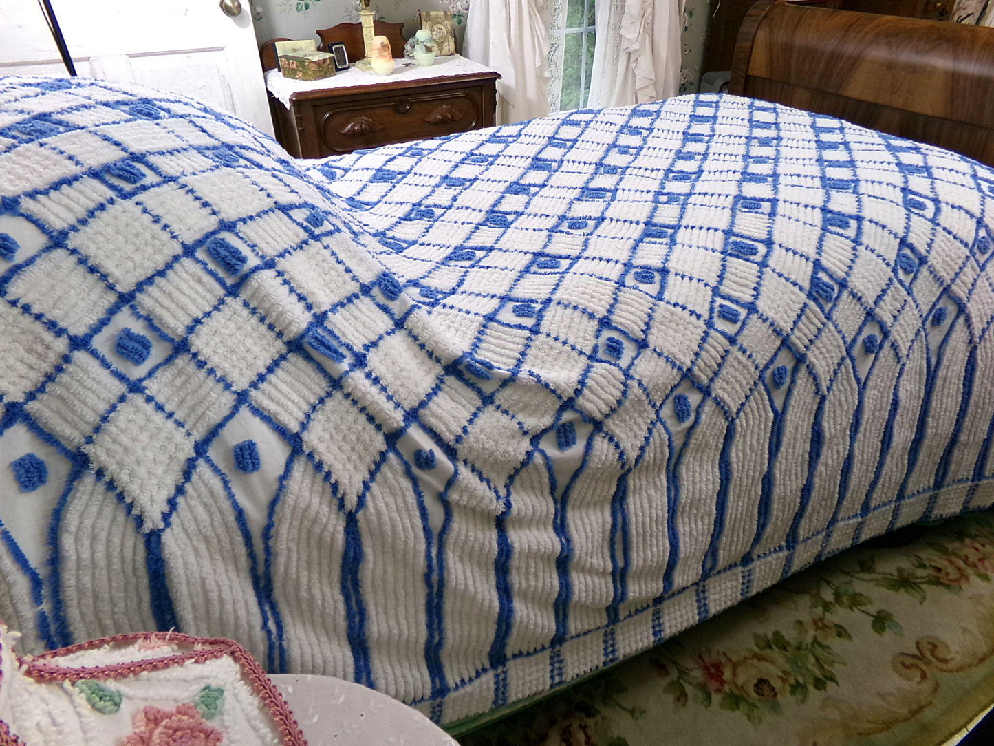 nautical vibes vintage chenille bedspread, blue dots on white cotton with cathedral stripes, full size coastal cottage bedding