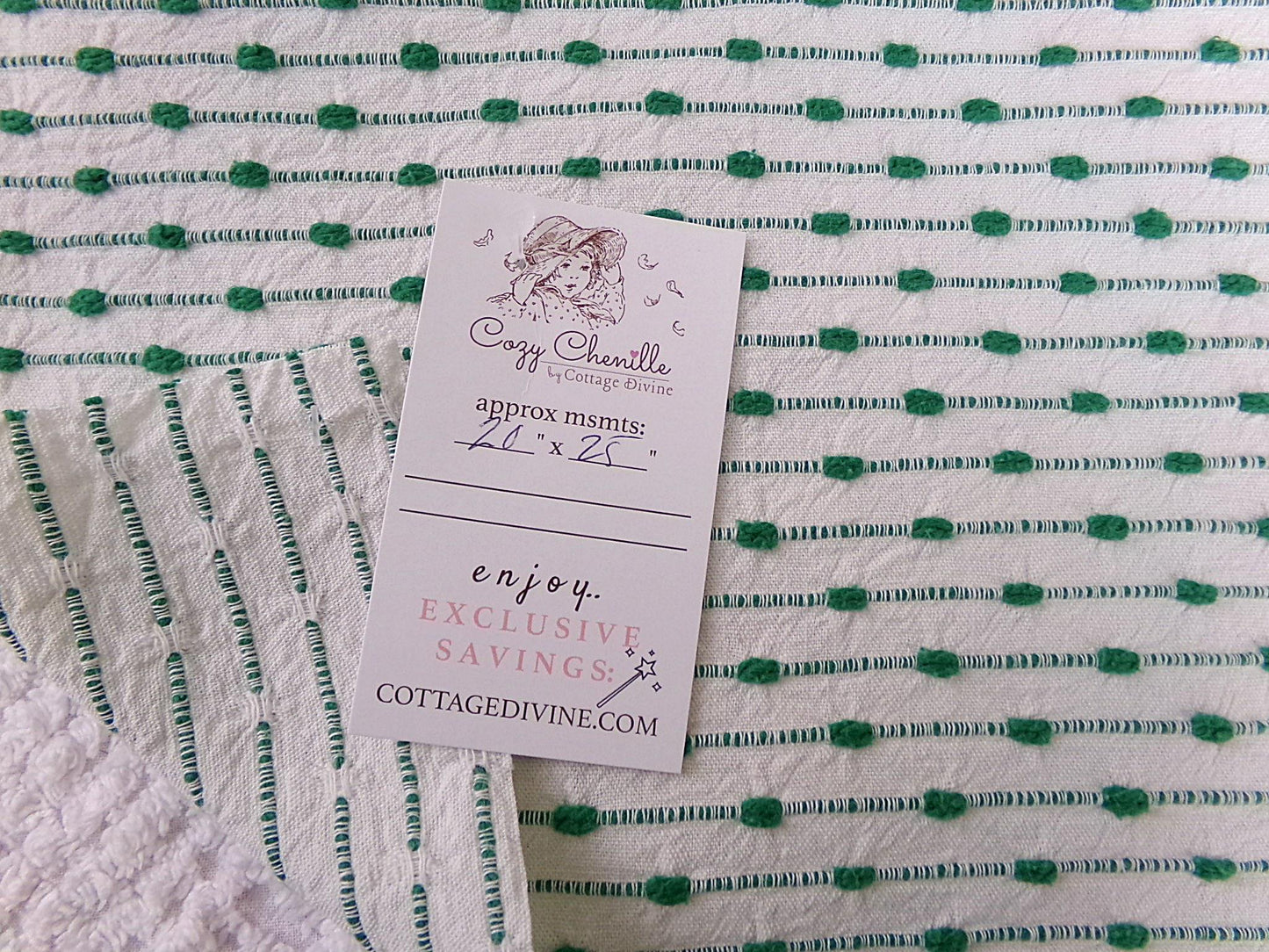 preppy kelly green textured fabric piece, vintage chenille raindrop dots on white woven cotton, great in quilts, xmas stockings, 20" x 25"