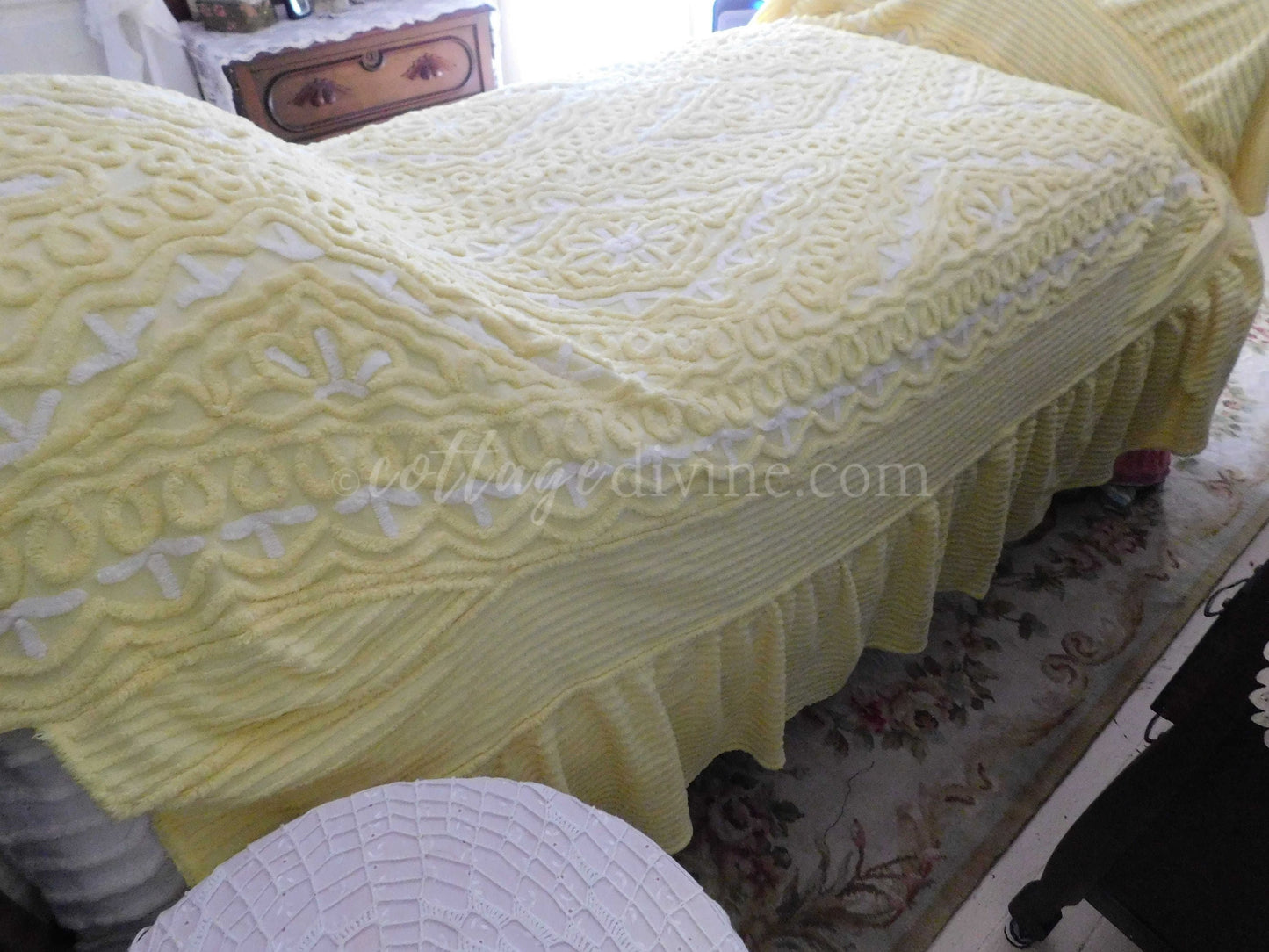 Chenille Bedding, Delicious Lemon Chiffon Vintage Chenille Bedspread, Integrated Ruffle Skirt, Fitted Full Size