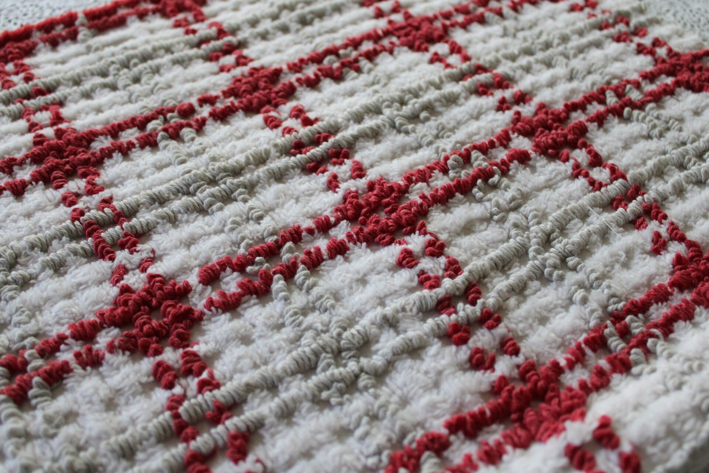 Chic Plaid Vintage Chenille Fabric, Maroon & Grey Needletufting on White Grid, 20" x 24" inch Piece, 100% Cotton