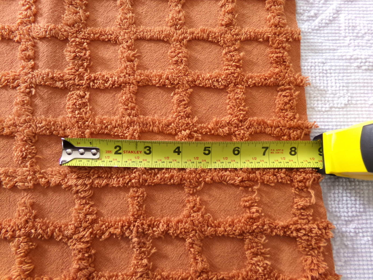 nutmeg pumpkin spice chenille fabric, 20" x 24" boho vintage style sewing material for quilts, crafts in simple windowpane tufted design