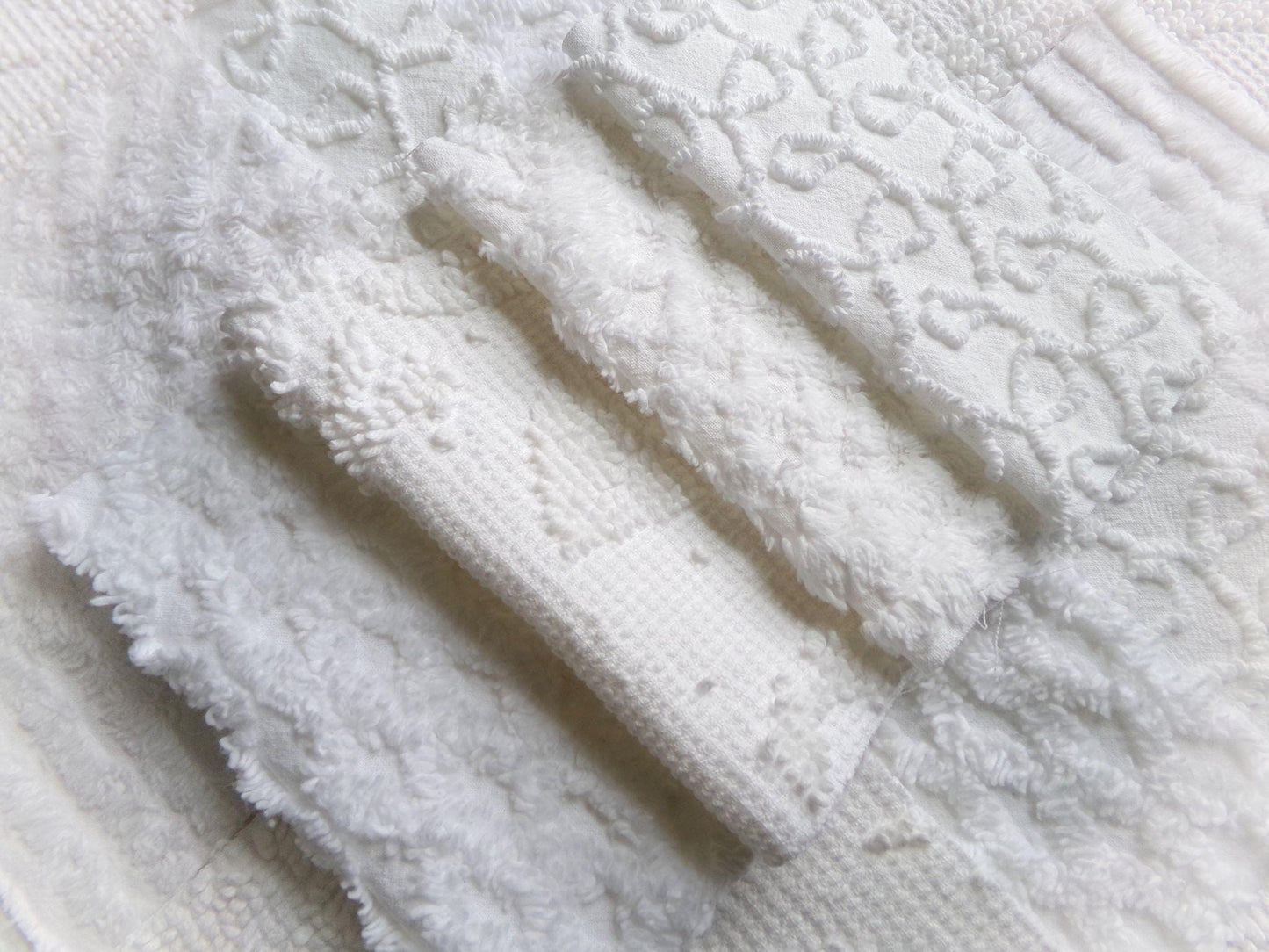 white vintage 6" chenille squares, set of 12 quilt blocks in a classic selection of popular patterns for sewing & crafts