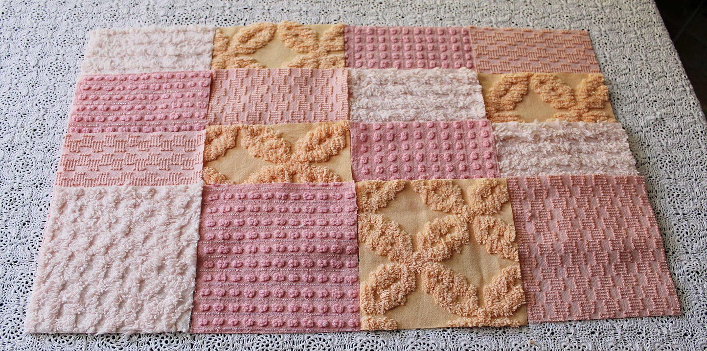 peach nectar vintage chenille fabric squares, set of 16 geometric 6" quilt squares in texturized geometric designs