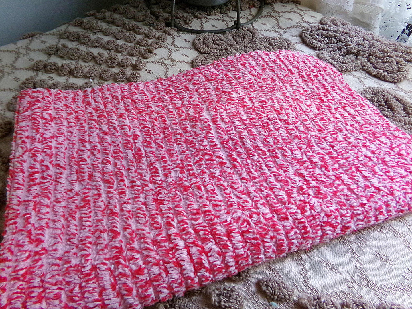 Peppered Red & White Skinny Stripes Fabric from Vintage Chenille Bedspread, 12" x 18" inch Piece, Fun and Festive