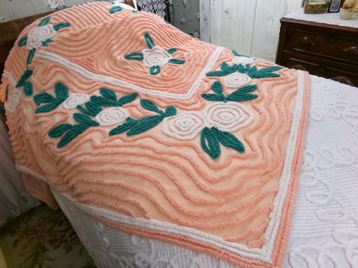 white roses in autumn vintage chenille bedspread, lovely peach glow cotton full size shabby chic bedding