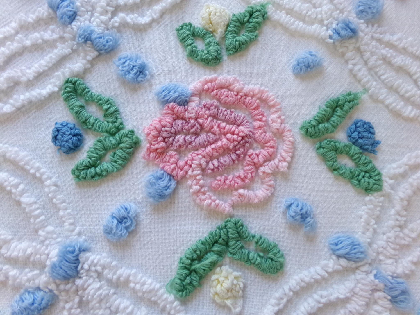 favorite cottage style vintage chenille fabric, pink roses & blue dots, 20" x 27" piece of white sewing material for quilting and crafts