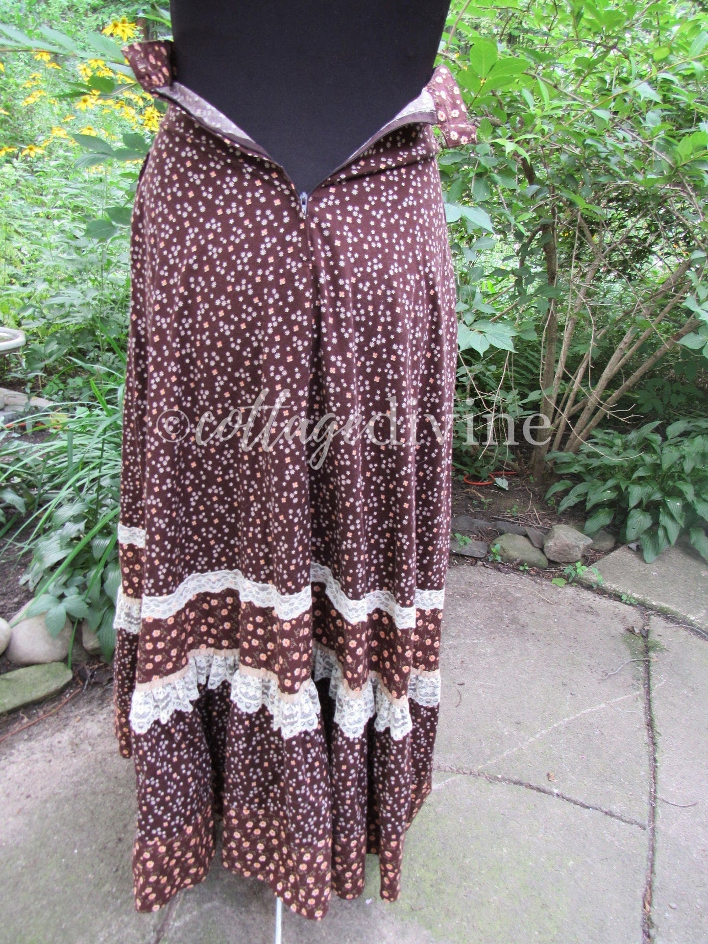 GUNNE SAX Prairie Skirt Velvet Front Chocolate Brown Calico Gunnies Vintage 1970s Maxi Skirt, XXS