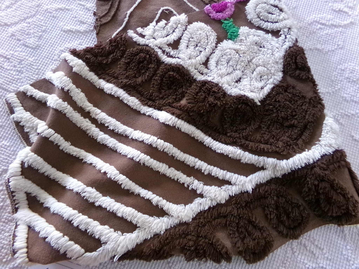 Chocolate Brown Vintage Chenille Tufted Fabric, 11" x 24" inch Piece, for Junk Journals, Fiber Arts