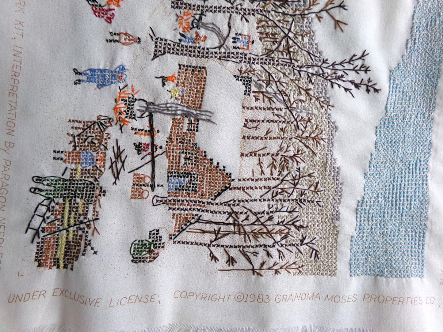 Grandma Moses SUGARING OFF Completed Cross Stitch Embroidery Paragon Stitchery 0210 - Rustic Country Winter Scene