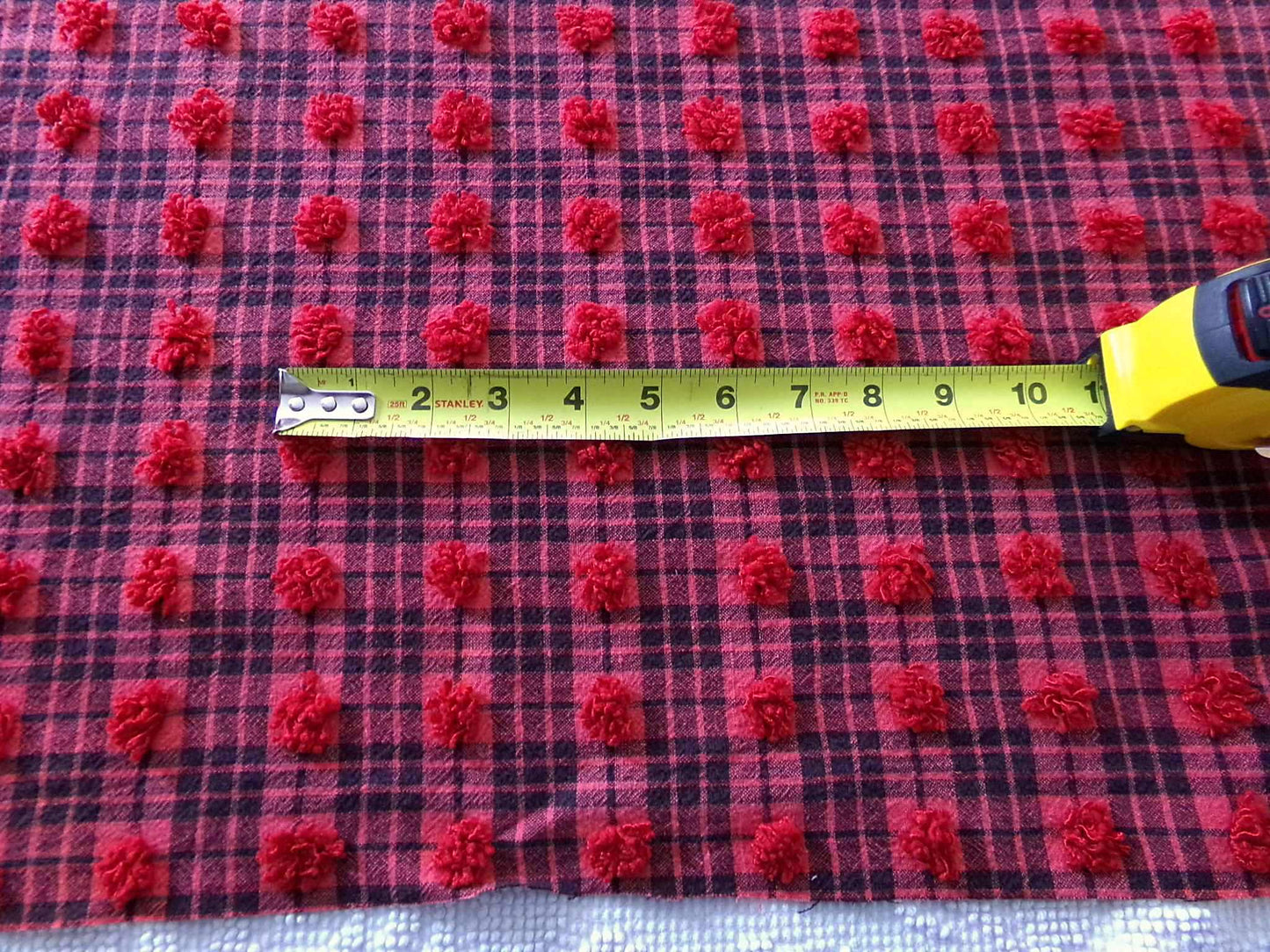 Midnight Black Tartan Plaid Vintage Chenille Bedspread Fabric, Tufted Deep Red Dots, 19" x 26" inch Piece, Lightweight Quilt Material