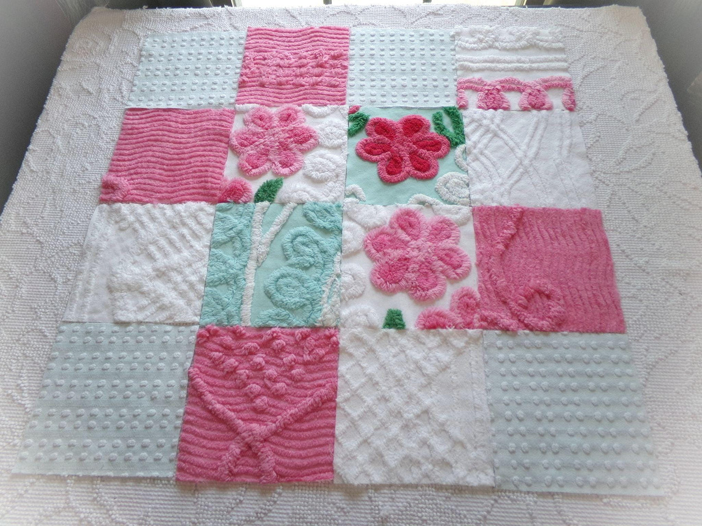 seafoam & pink 6" chenille squares, set of 16 quilt blocks rotary cut from vintage chenille bedspread fabrics