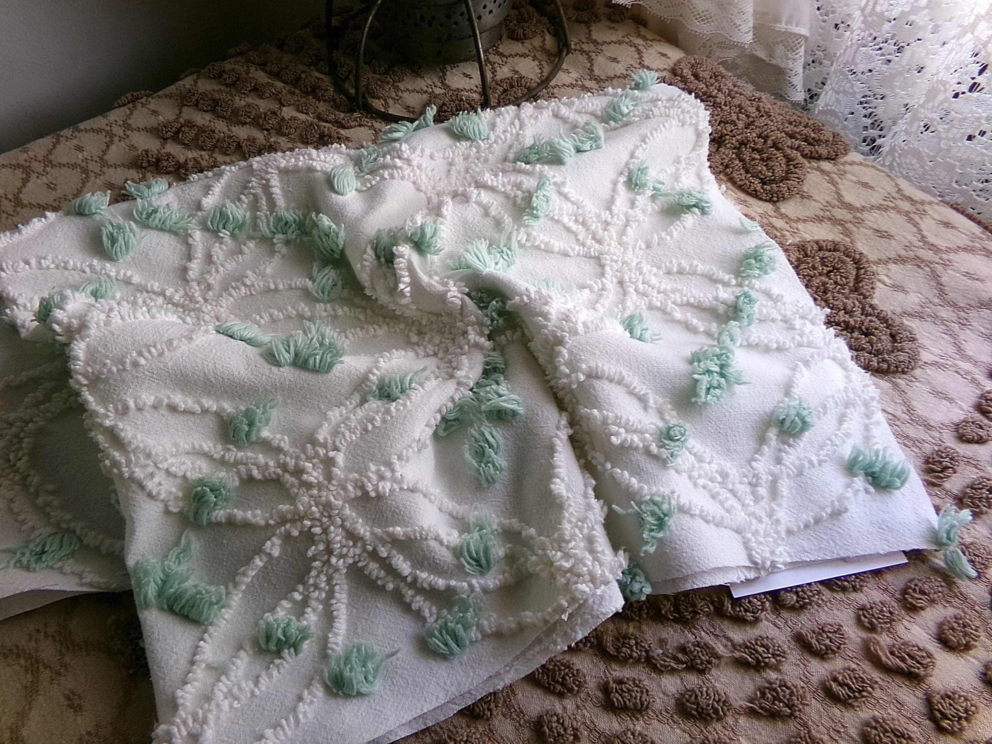 Breezy White Vintage Chenille Fabric, 15" x 25" Piece, Needletuft Wedding Rings with Mint Green Pops