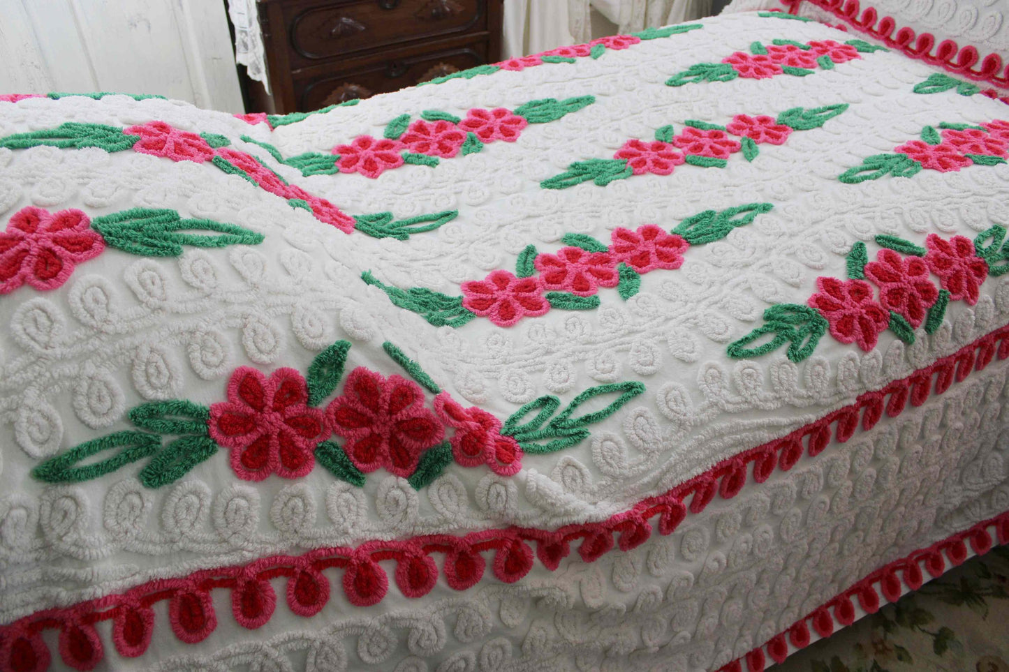 Vintage Chenille Bedspread, Raining Roses on Plush White, Full Size