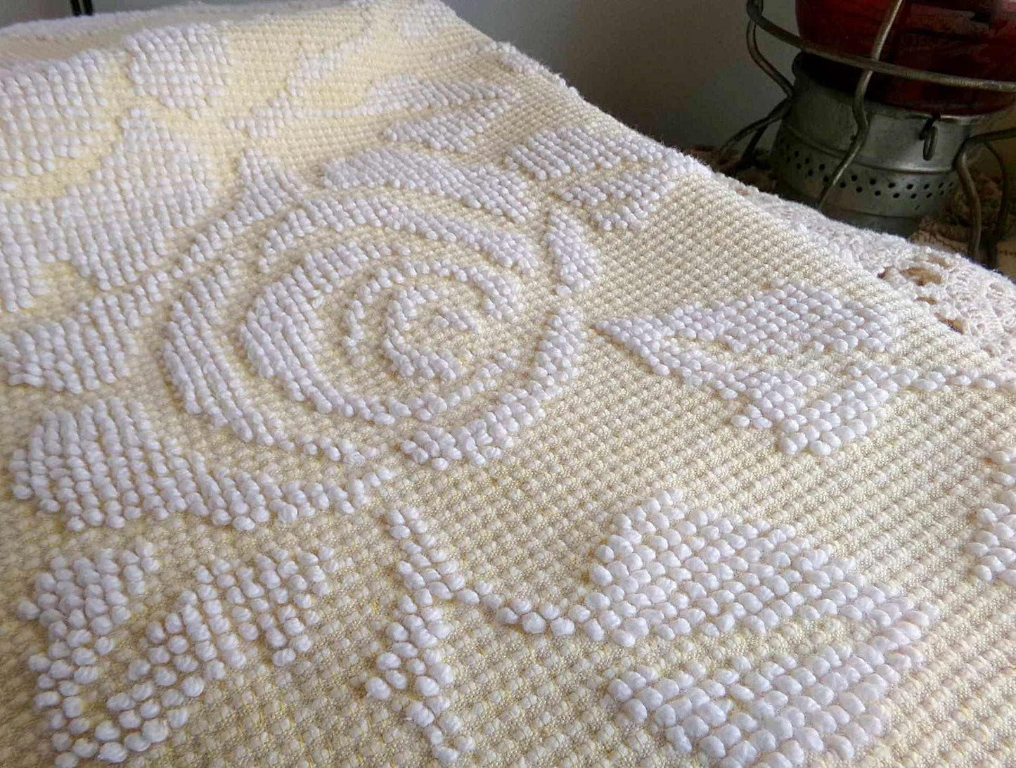 Pastel Yellow & White Cabbage Rose Vintage Woven Chenille Fabric, 24" x 18" inch Piece, Versatile Material in Quilts, Pillows, Tote Bags