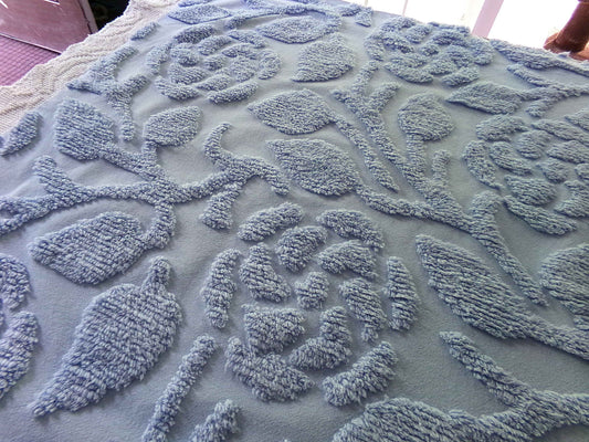 Sculpted Rose Vintage Chenille Quilt Fabric, 28" x 24" inch Piece, Tranquil Dusty Blue Cotton
