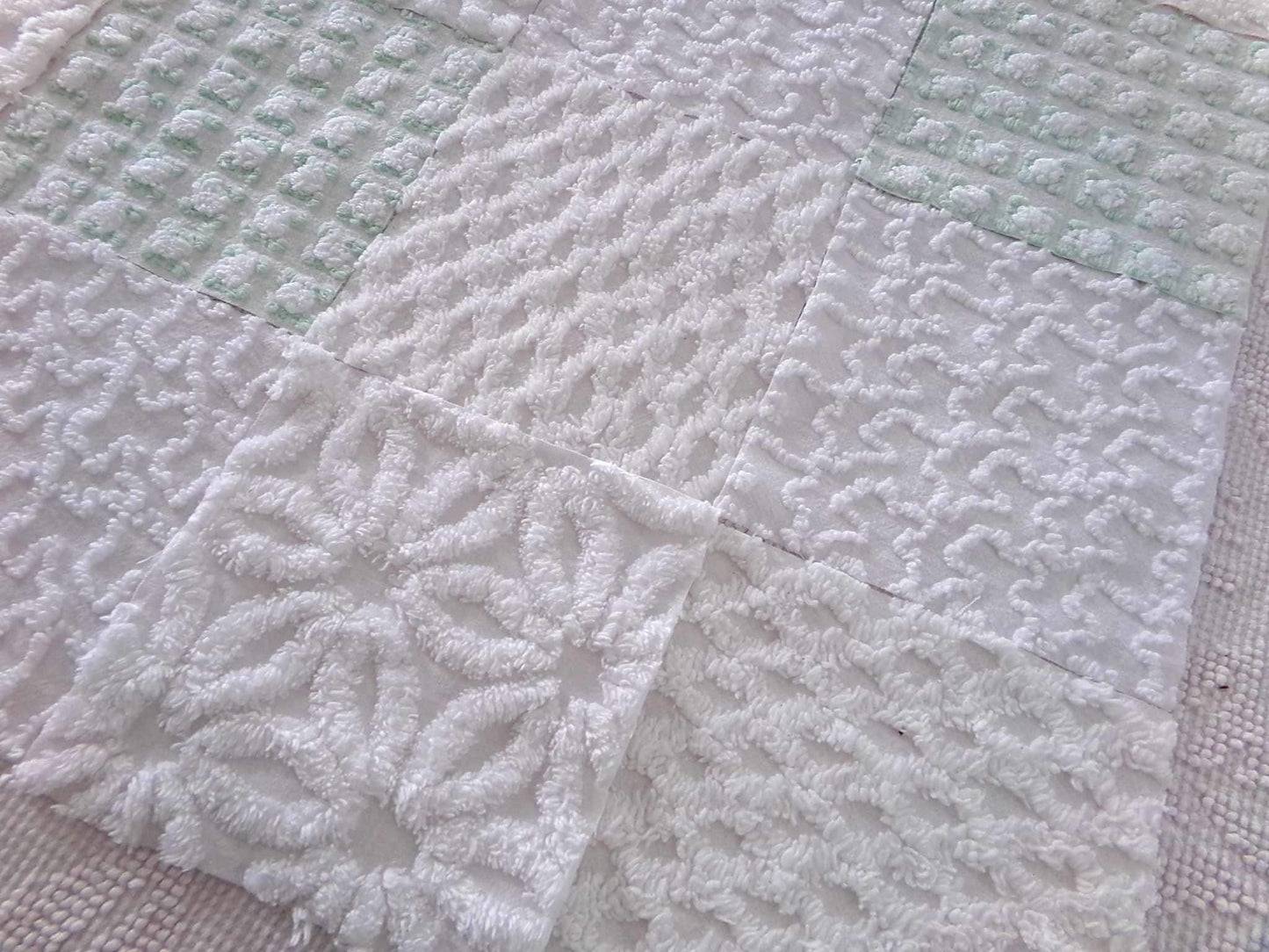 winter rose chenille fabric squares, white rosebud, daisy & geometric mix, vintage craft square set of 16 quilt blocks, 6" x 6" inch