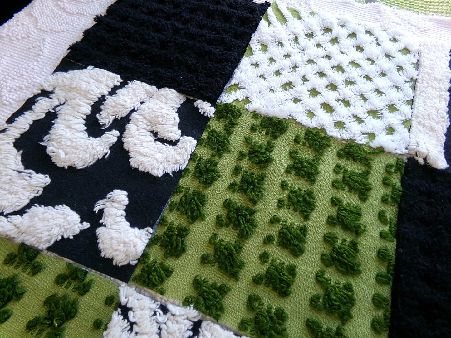 goblin green & black vintage chenille fabric squares, set of 16 boho 6" quilt blocks for crafts, sewing, diy pillow covers