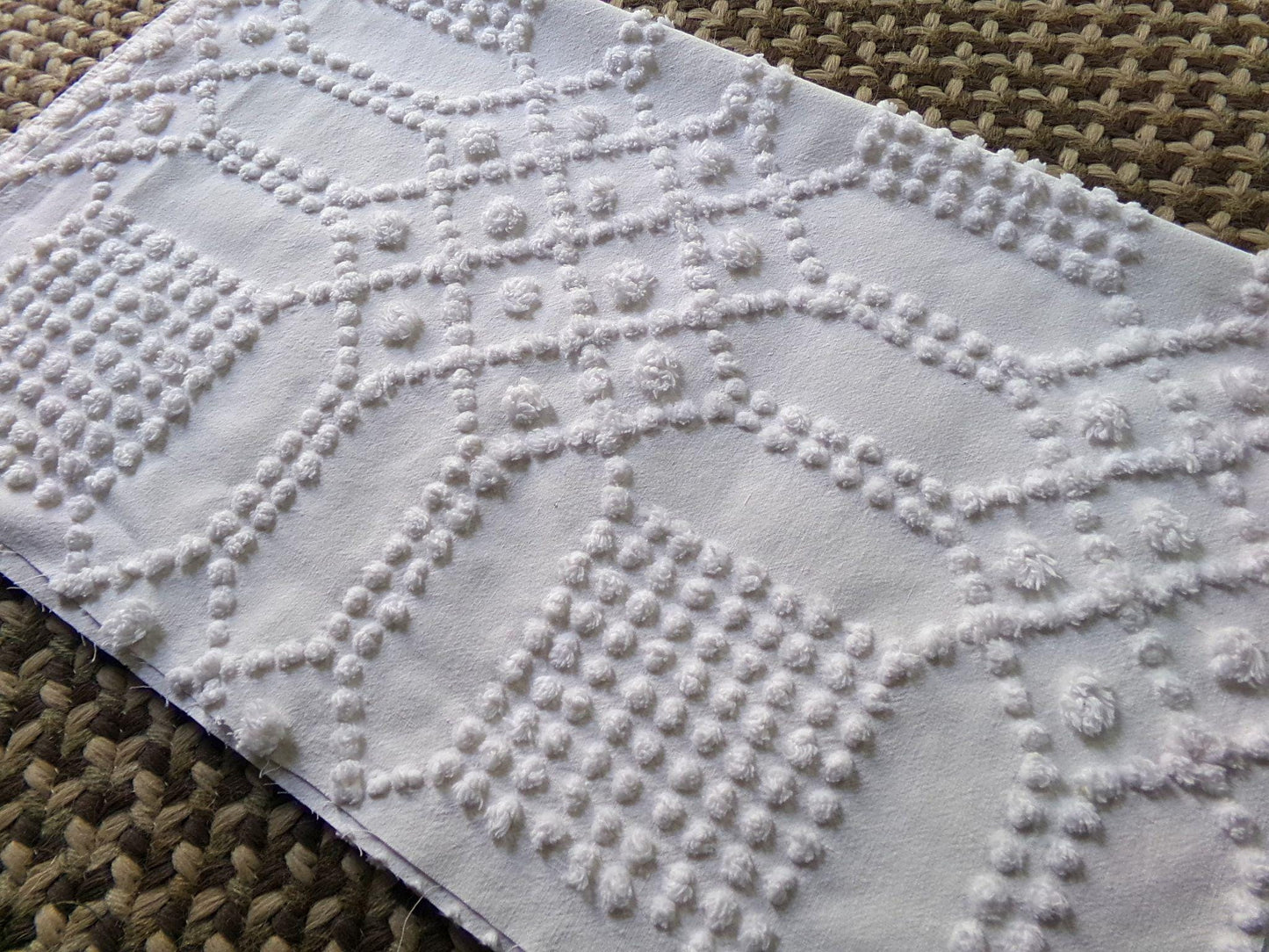 celestial white vintage chenille fabric, vintage geometric piece of cotton sewing material for quilts, pillows, wall hangings, 23" x 28"