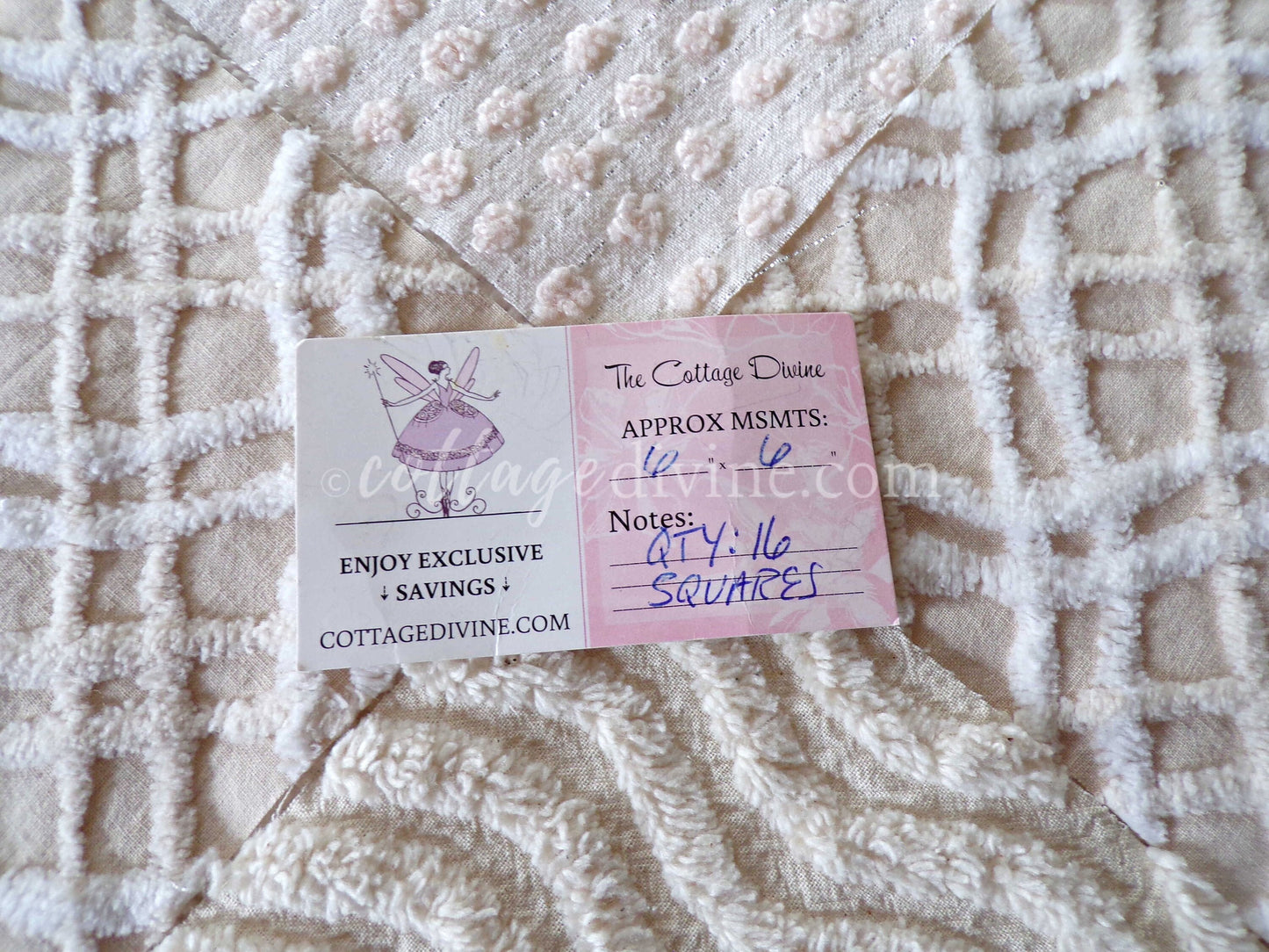 Cream Latte Quilt Squares Set from Vintage Chenille Bedspread Fabric, 16 Blocks, 6" x 6" inch, Neutral tones