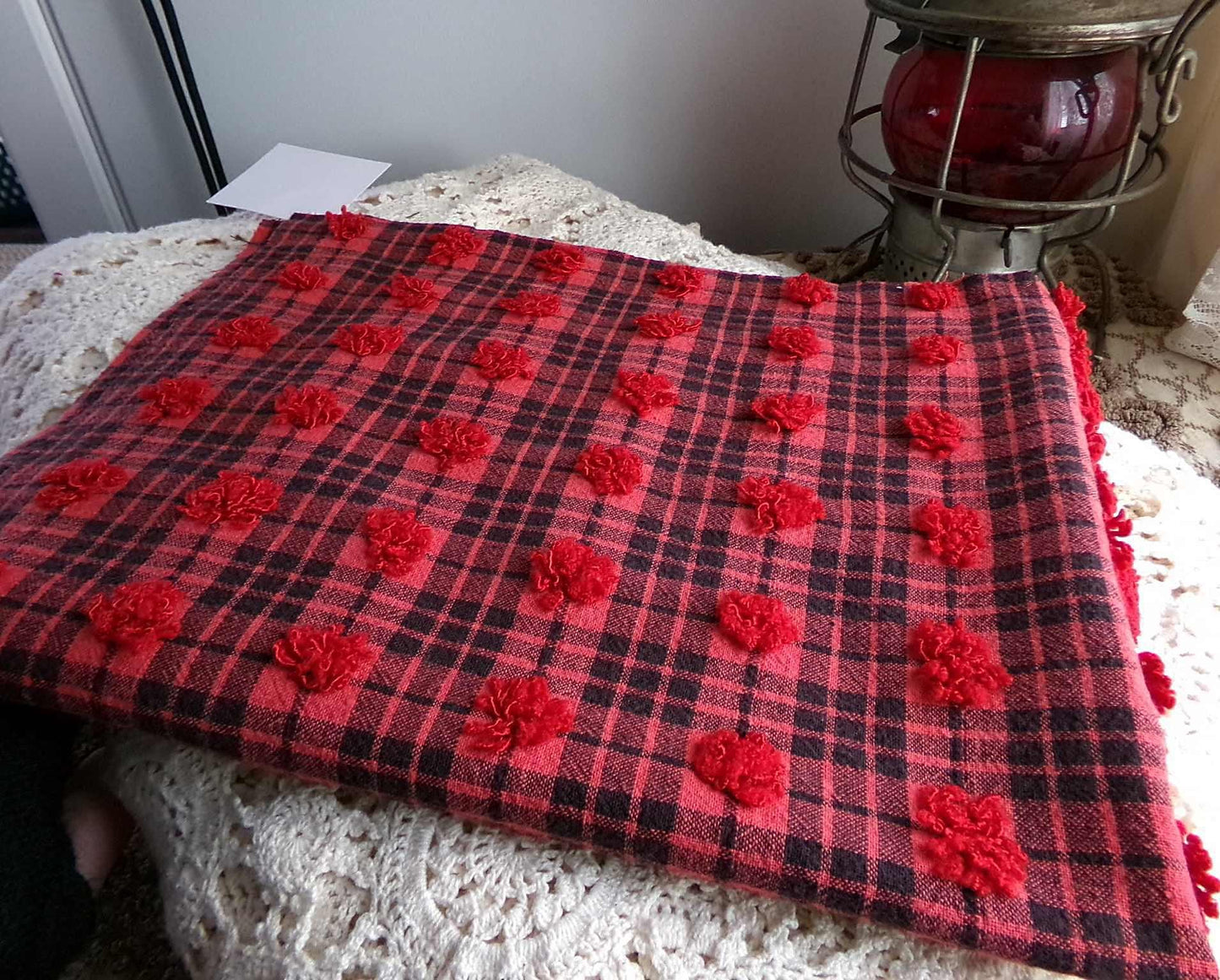 Midnight Black Tartan Plaid Vintage Chenille Bedspread Fabric, Tufted Deep Red Dots, 19" x 26" inch Piece, Lightweight Quilt Material