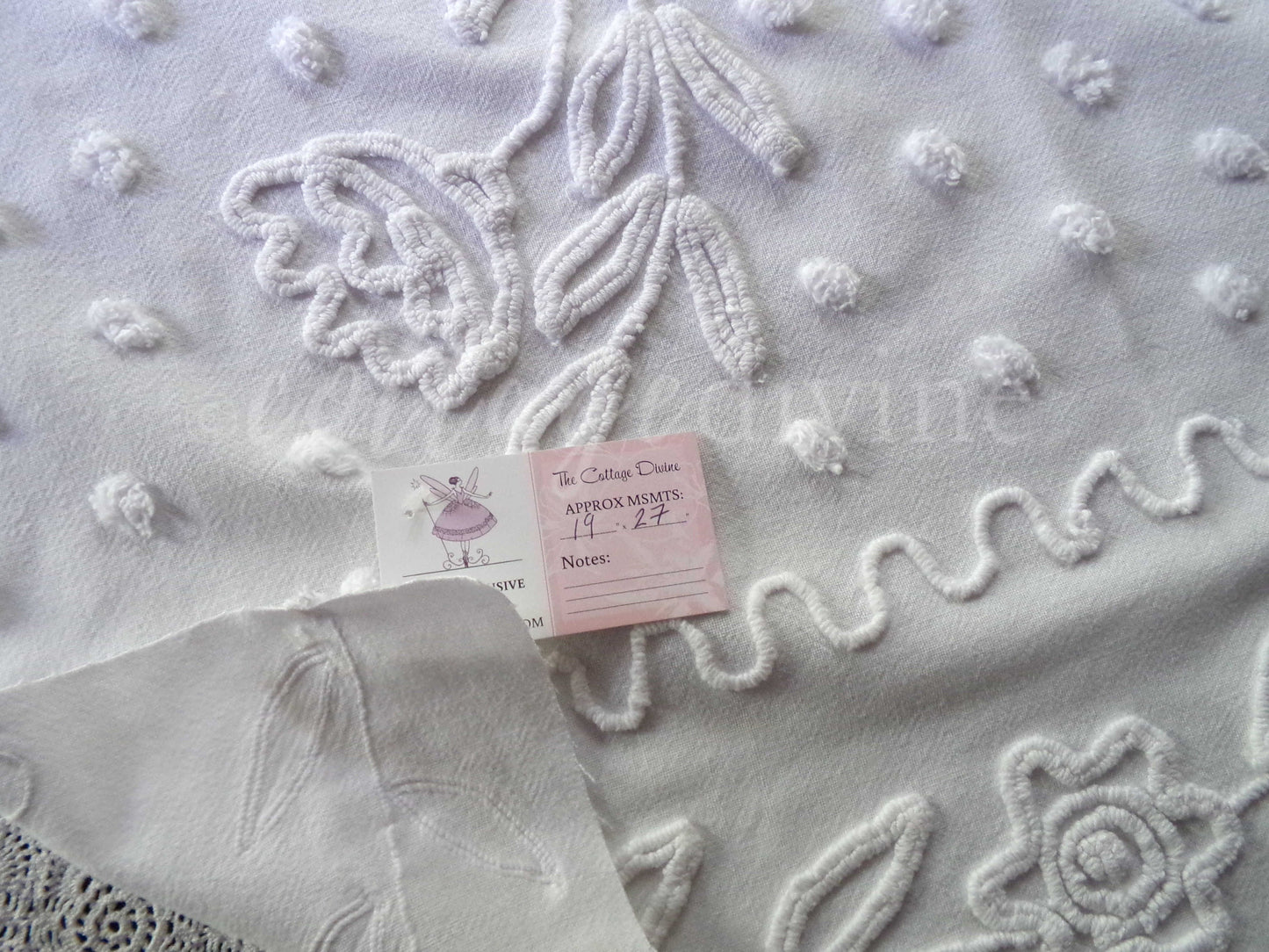 Lily White Dot Vintage Chenille Fabric Piece, 19" x 27" inches, Beautiful Farmhouse Style