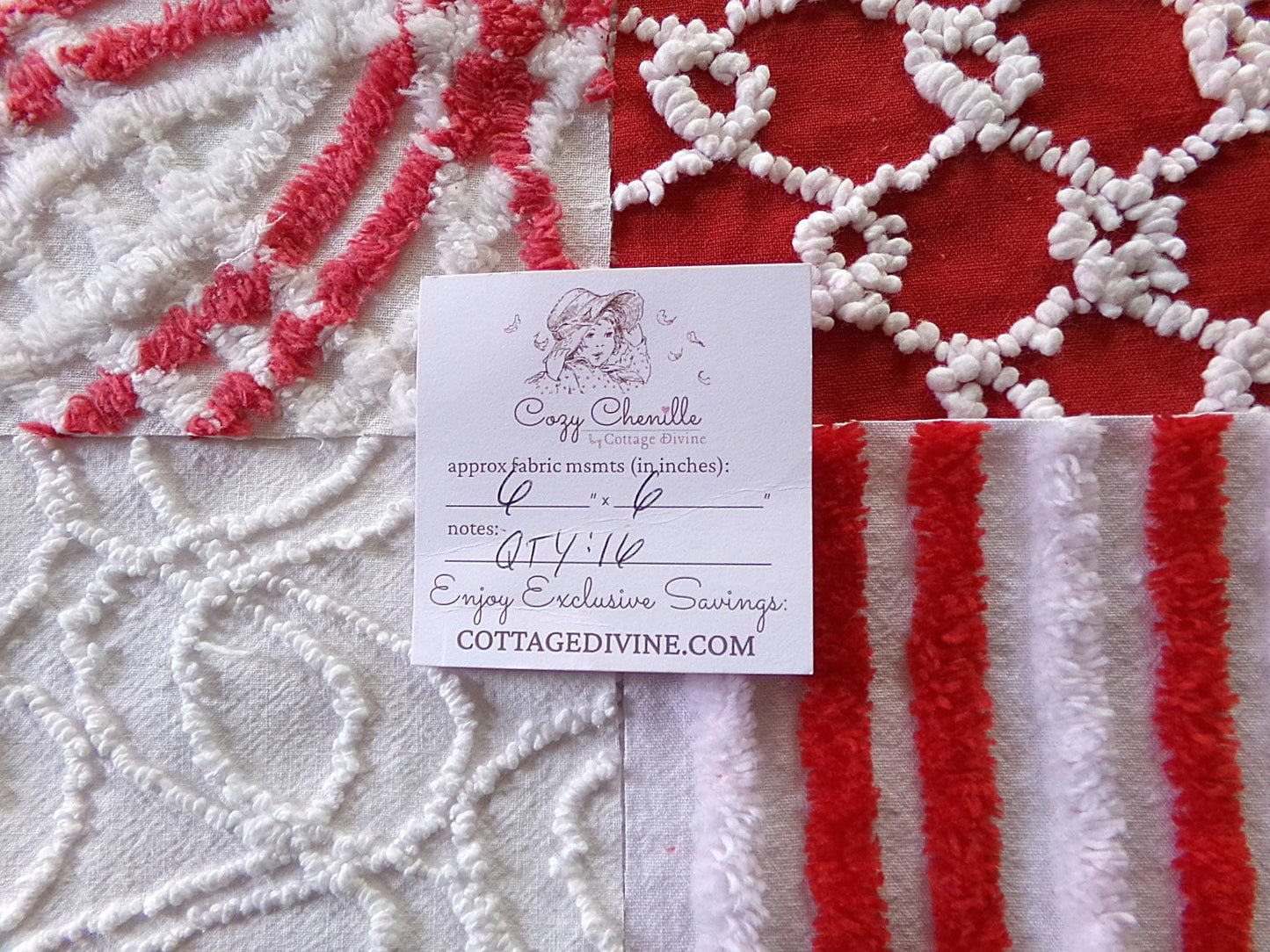 candy canes chenille fabric squares, red & white vintage craft square set of 16 blocks, 6" x 6" inch, great for Christmas stockings