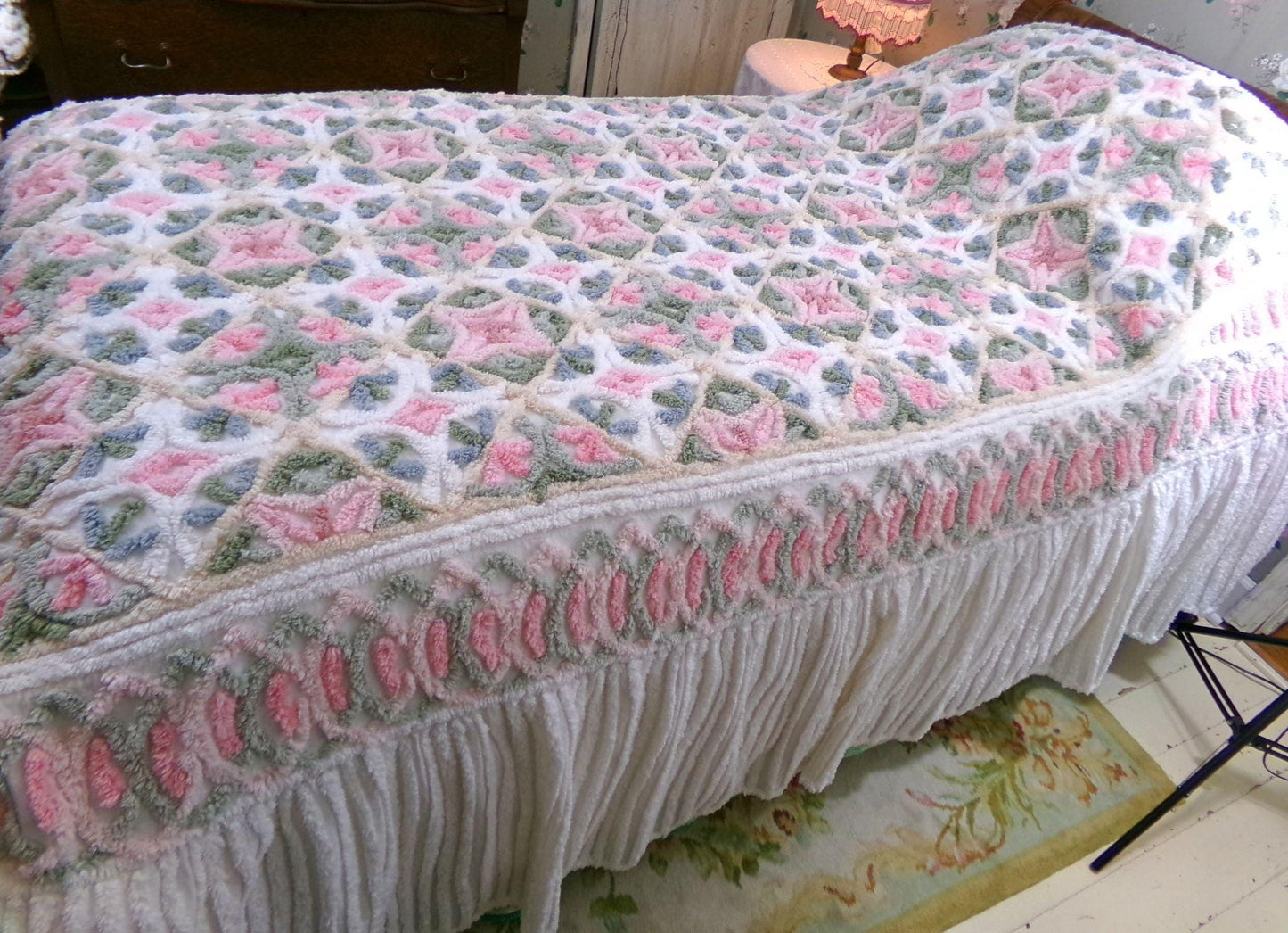 pink sea urchins twin size chenille bedspread, white cotton vintage cottage style bedding, boxed & fitted luxury design with ruffle skirt