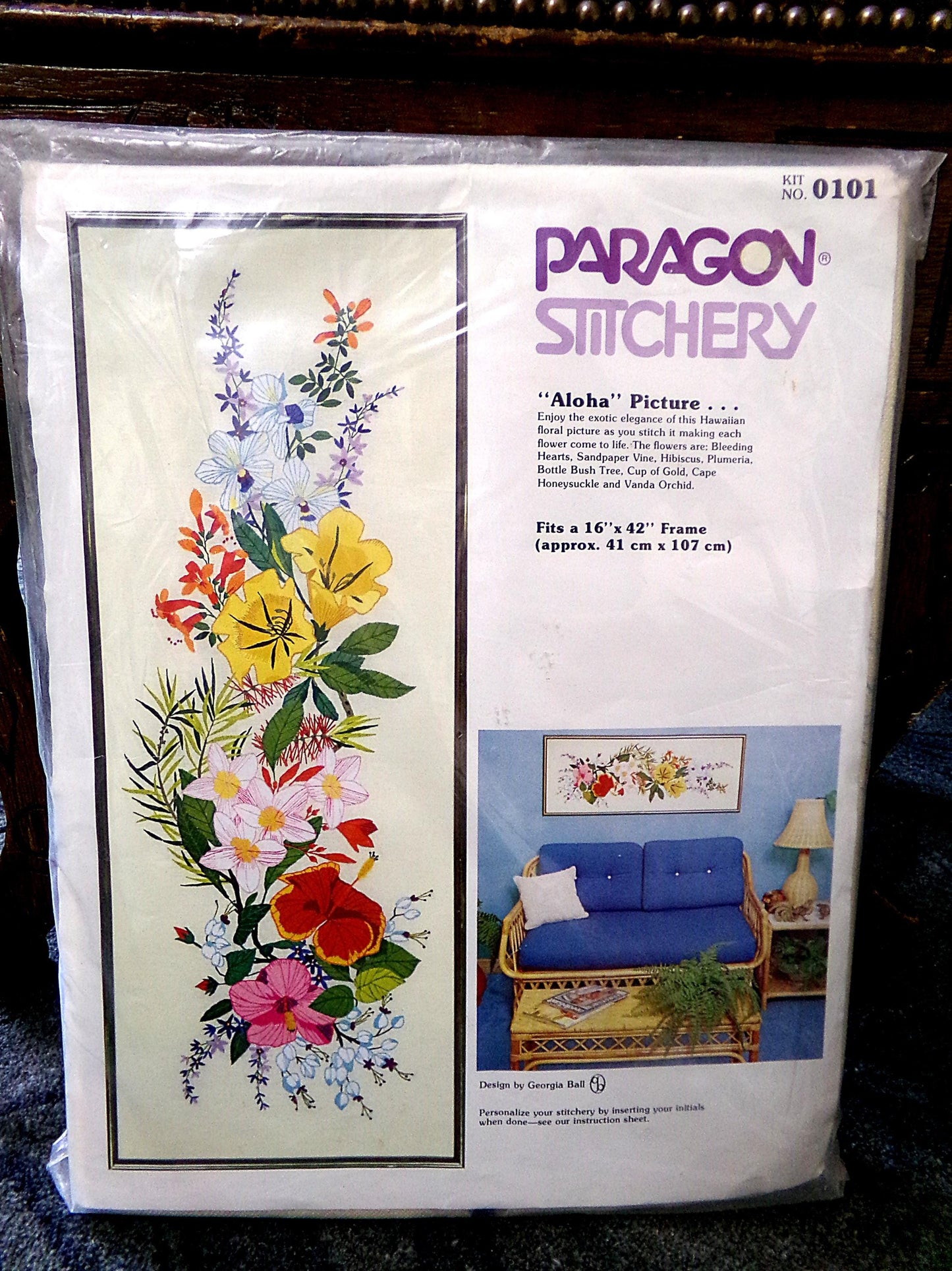 Hawaii ALOHA Crewel Embroidery Kit, Vintage Paragon Stitchery #0101, 16" x 42" Large Tropical Floral Wall Hanging, Georgia Ball Design