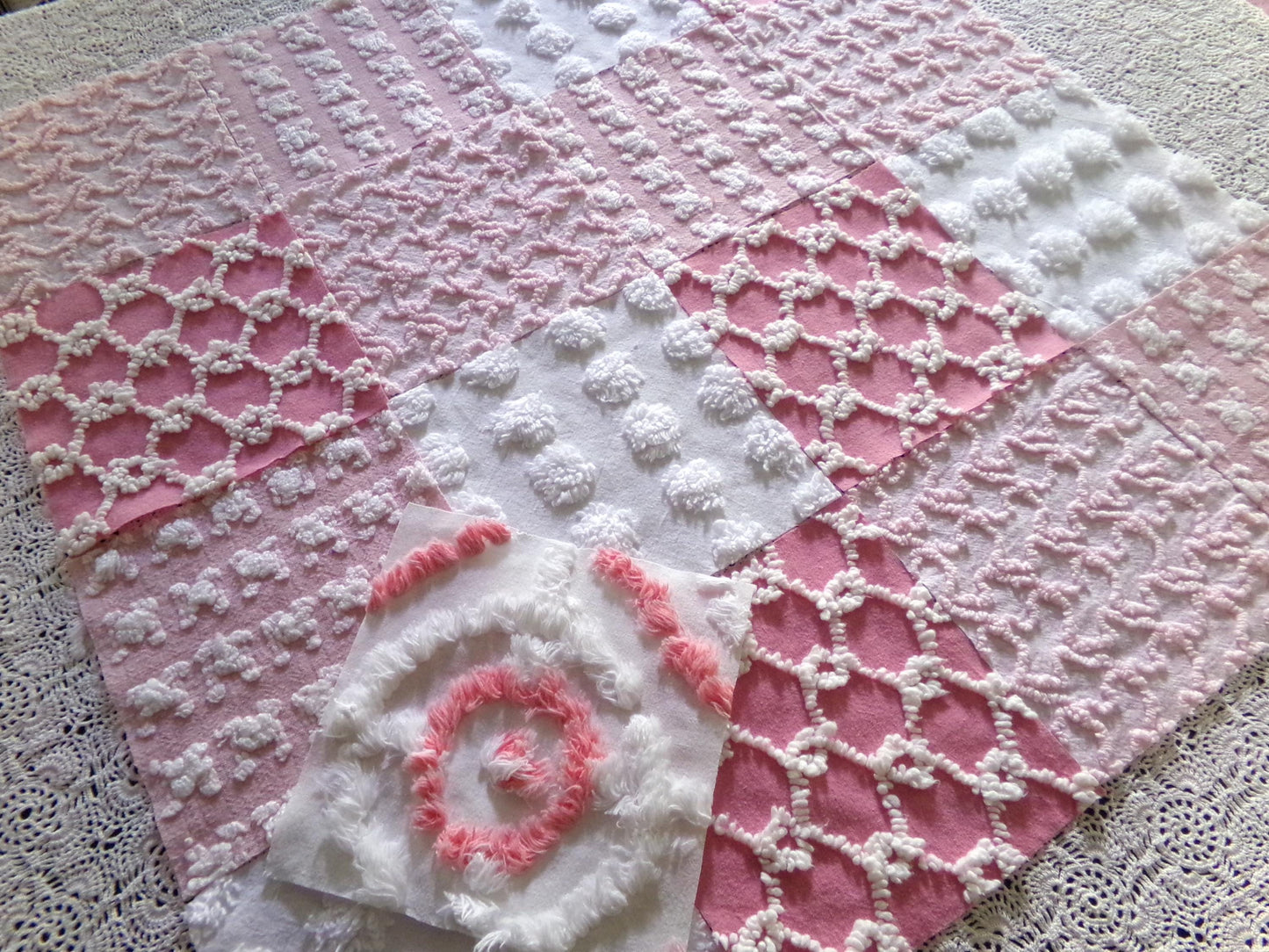 Must Luv Pink Quilt Squares Set from Vintage Chenille Bedspread Fabric, 17 Blocks, 6" x 6" inch