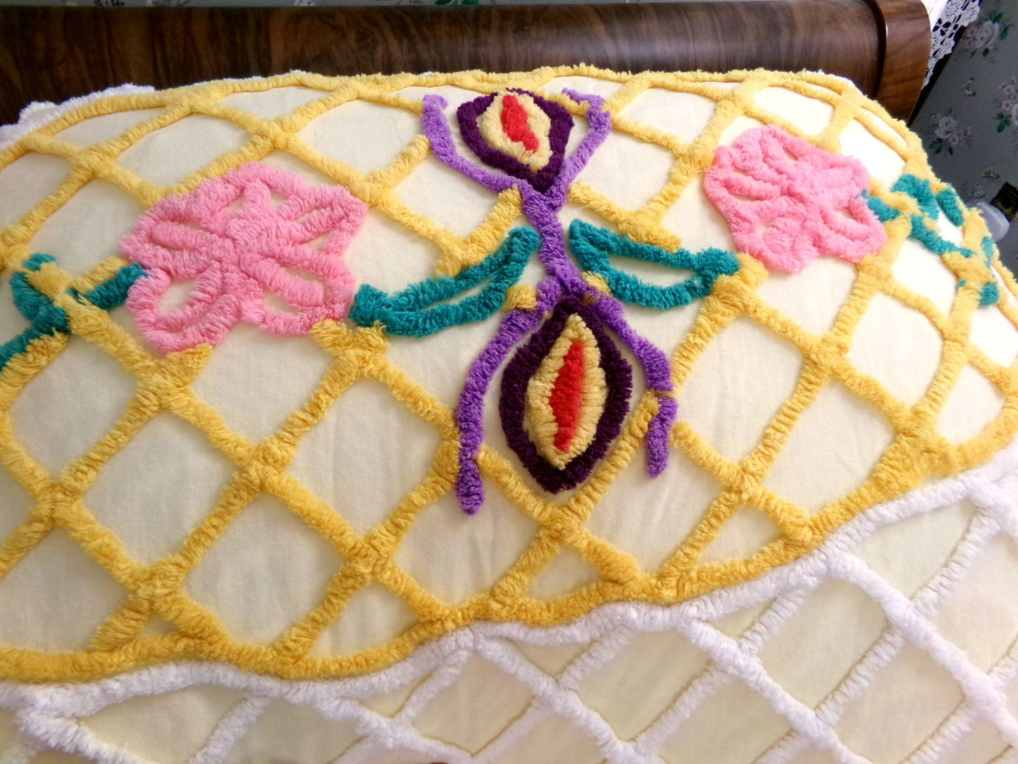 Grand Perched Peacock in a Garden Vintage Chenille Bedspread, Exotic Art Deco Dramatic 1940s Design, Full Size Lightweight Cotton Coverlet