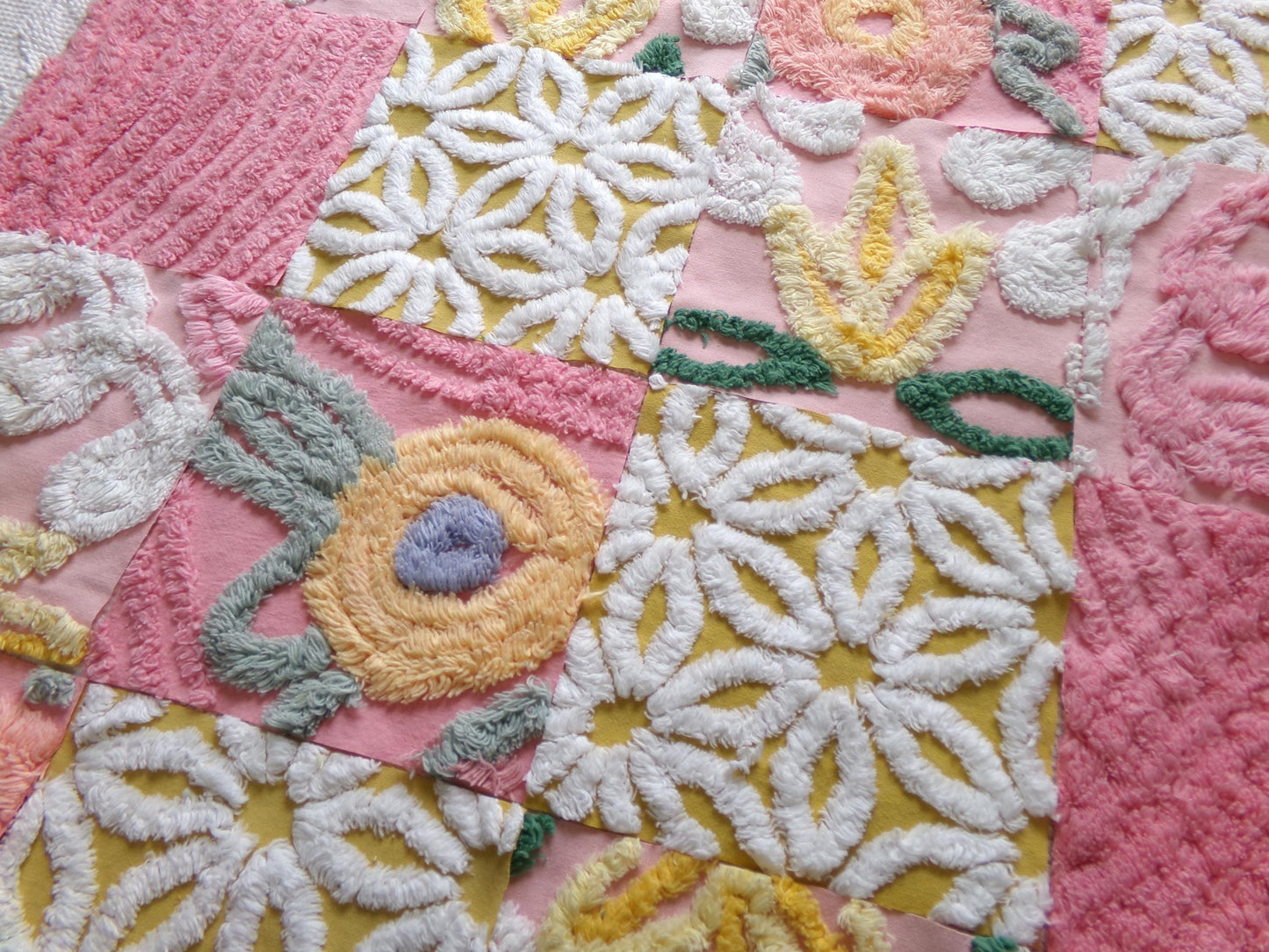 vintage chenille fabric squares, "autumn sunrise" set of 16 golden pink floral 6" quilt blocks for quilting, crafts, sewing