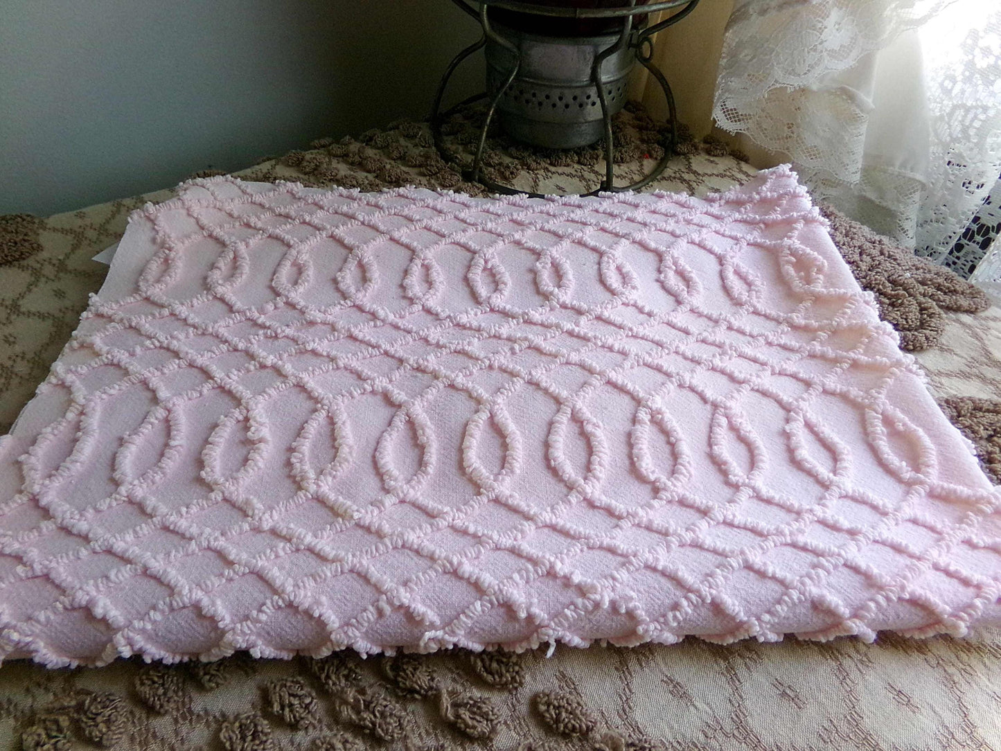 Chic Pink Eternity Links Vintage Chenille Fabric, 18" x 25" inch piece, Delicate Needletuft Design