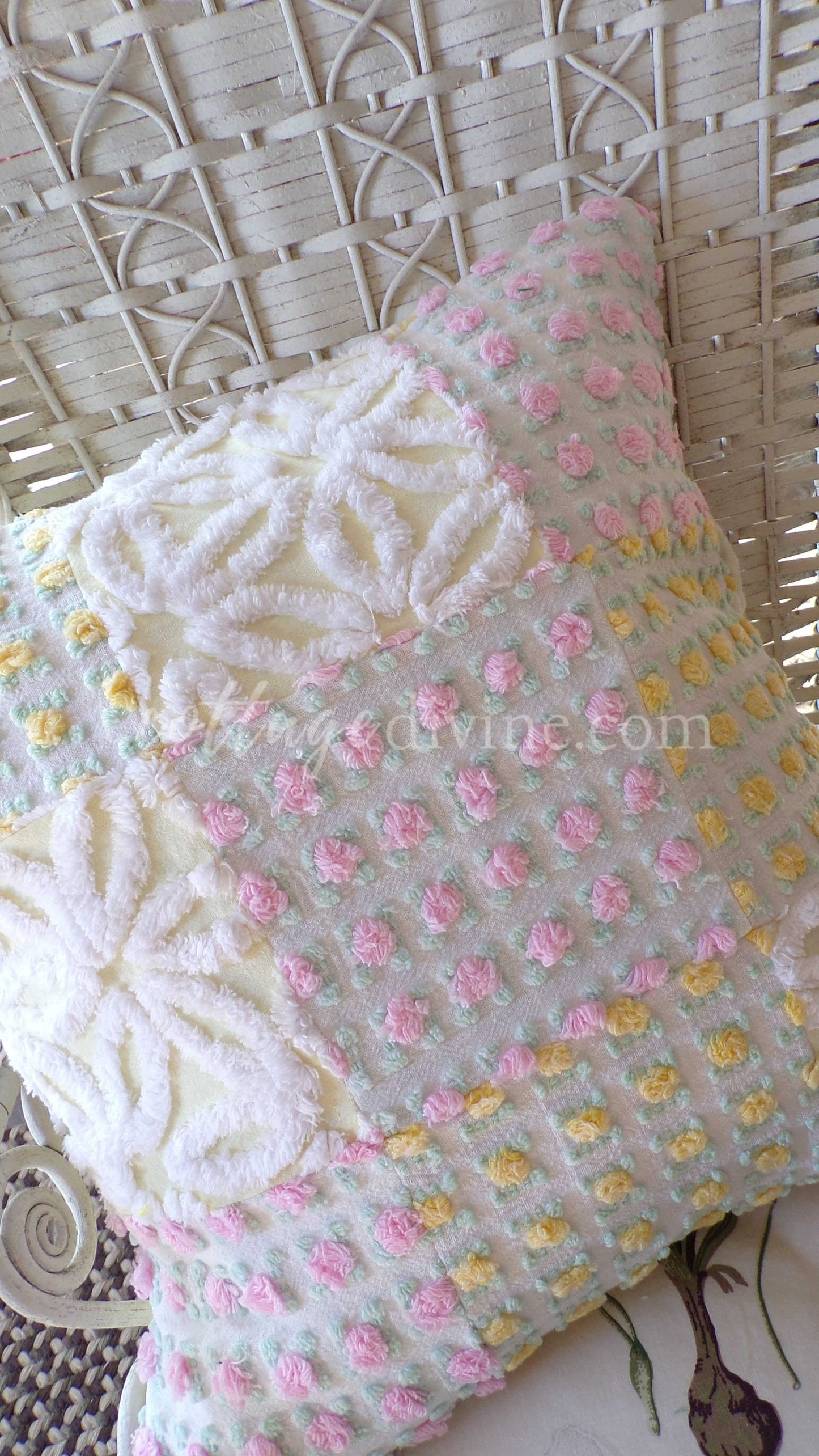 Daisy Rose Romantic Cottage Chenille Pillow Cover 16" x 16" inch Square, REVERSIBLE Accent Pillow, Vintage Shabby Patchwork Design